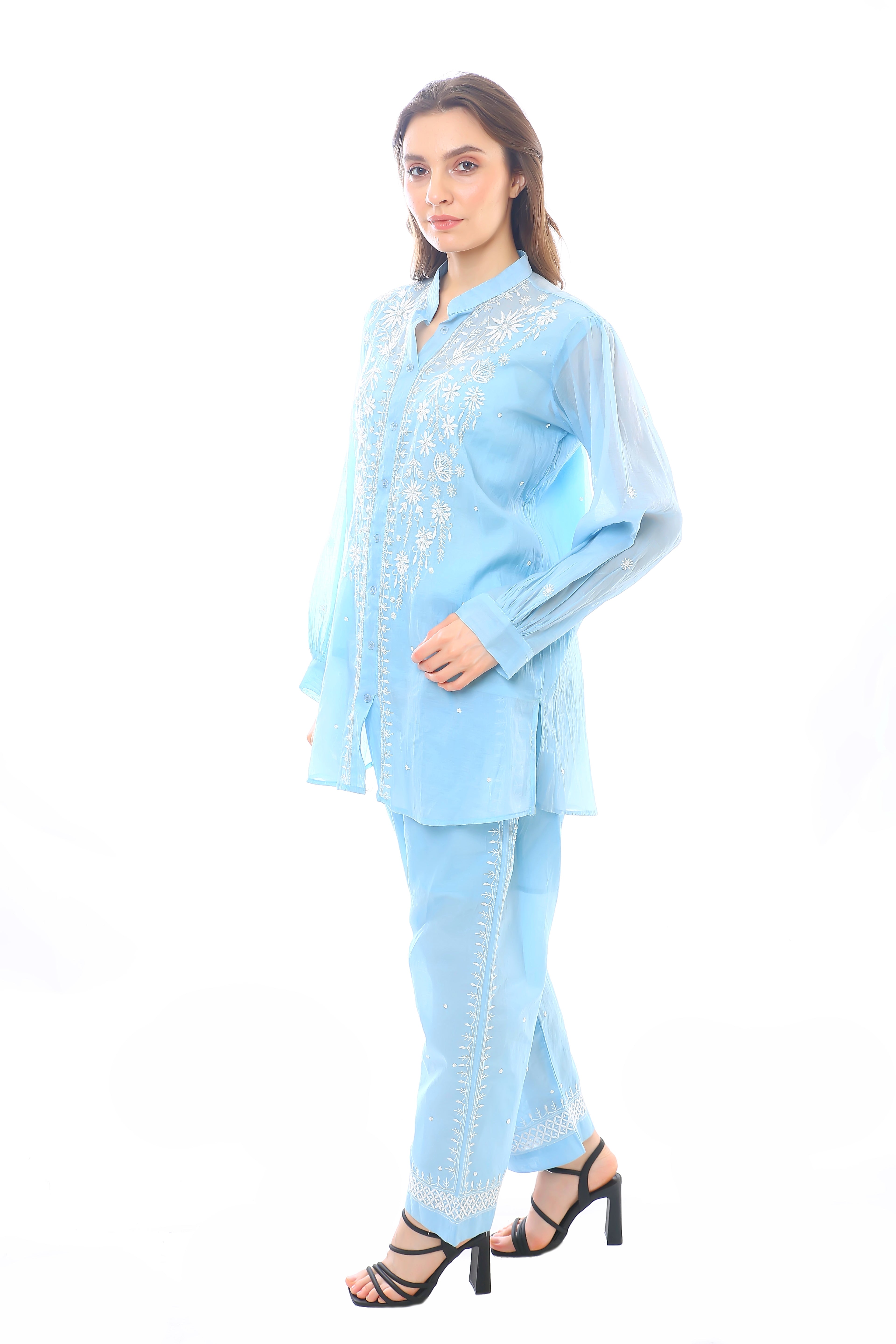 Sky Blue Mul Chanderi Mehak Co-ord Set with Moti Cutdana