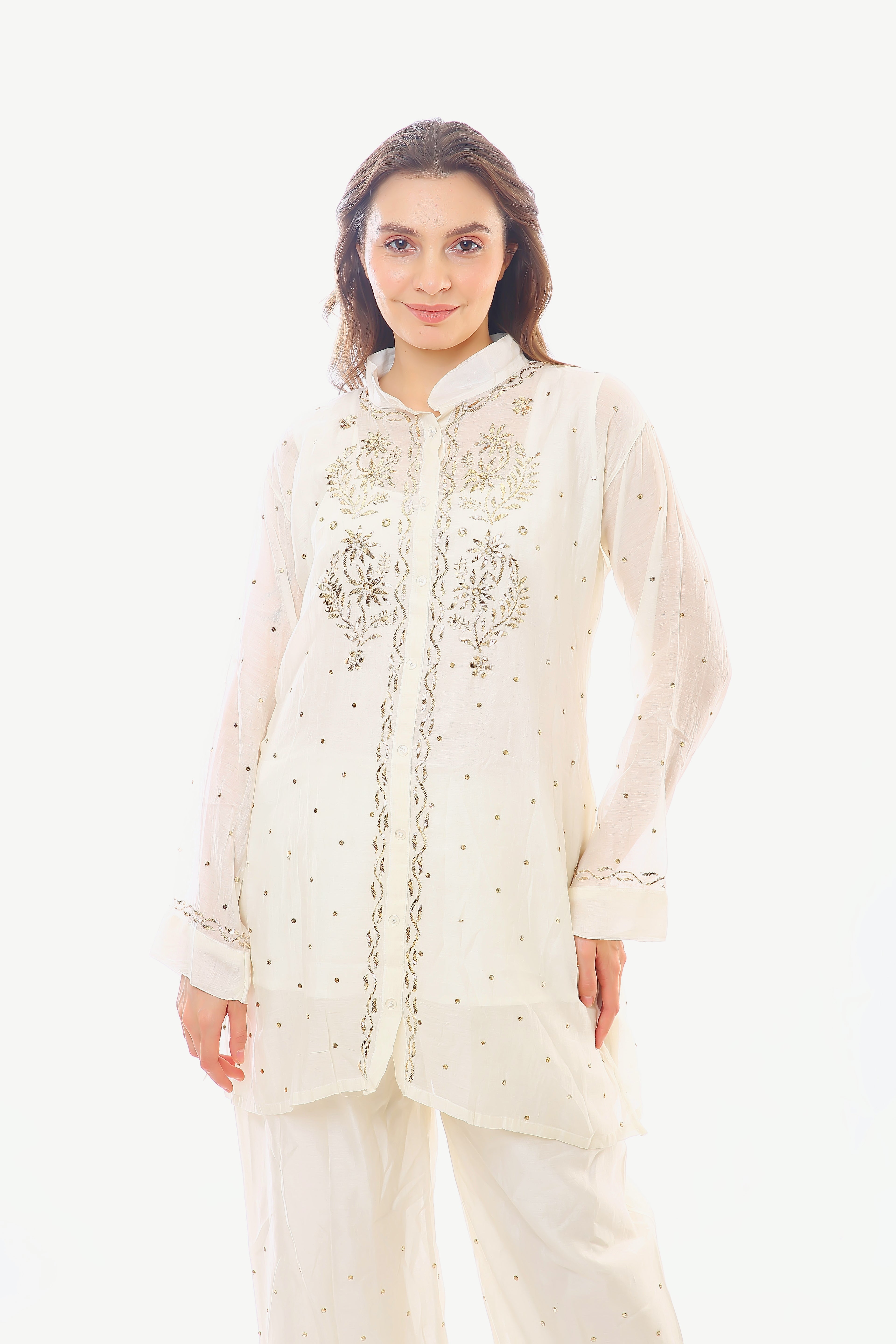 White Mul Chanderi Nayra Co-ord Set with Golden Pitta