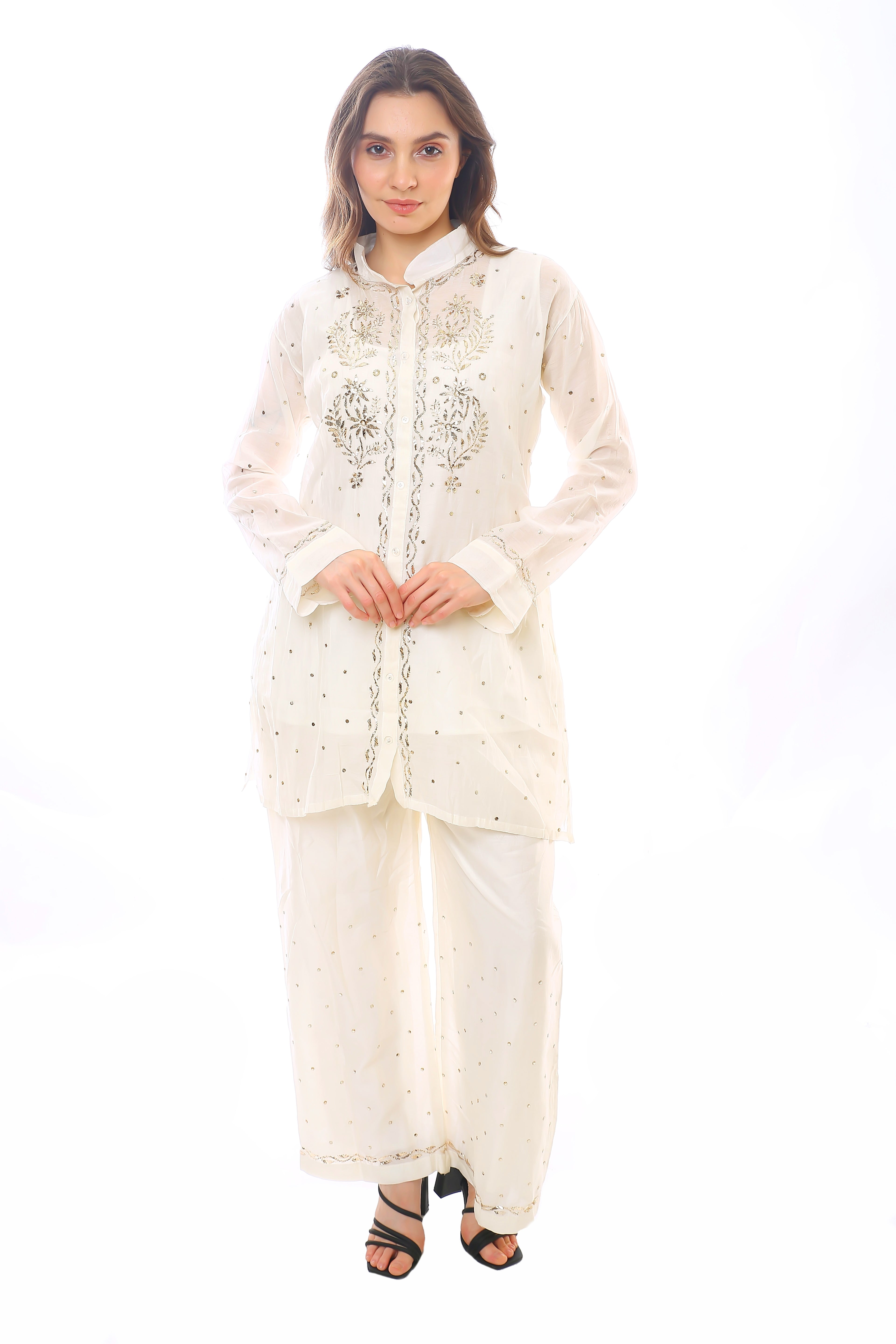 White Mul Chanderi Nayra Co-ord Set with Golden Pitta