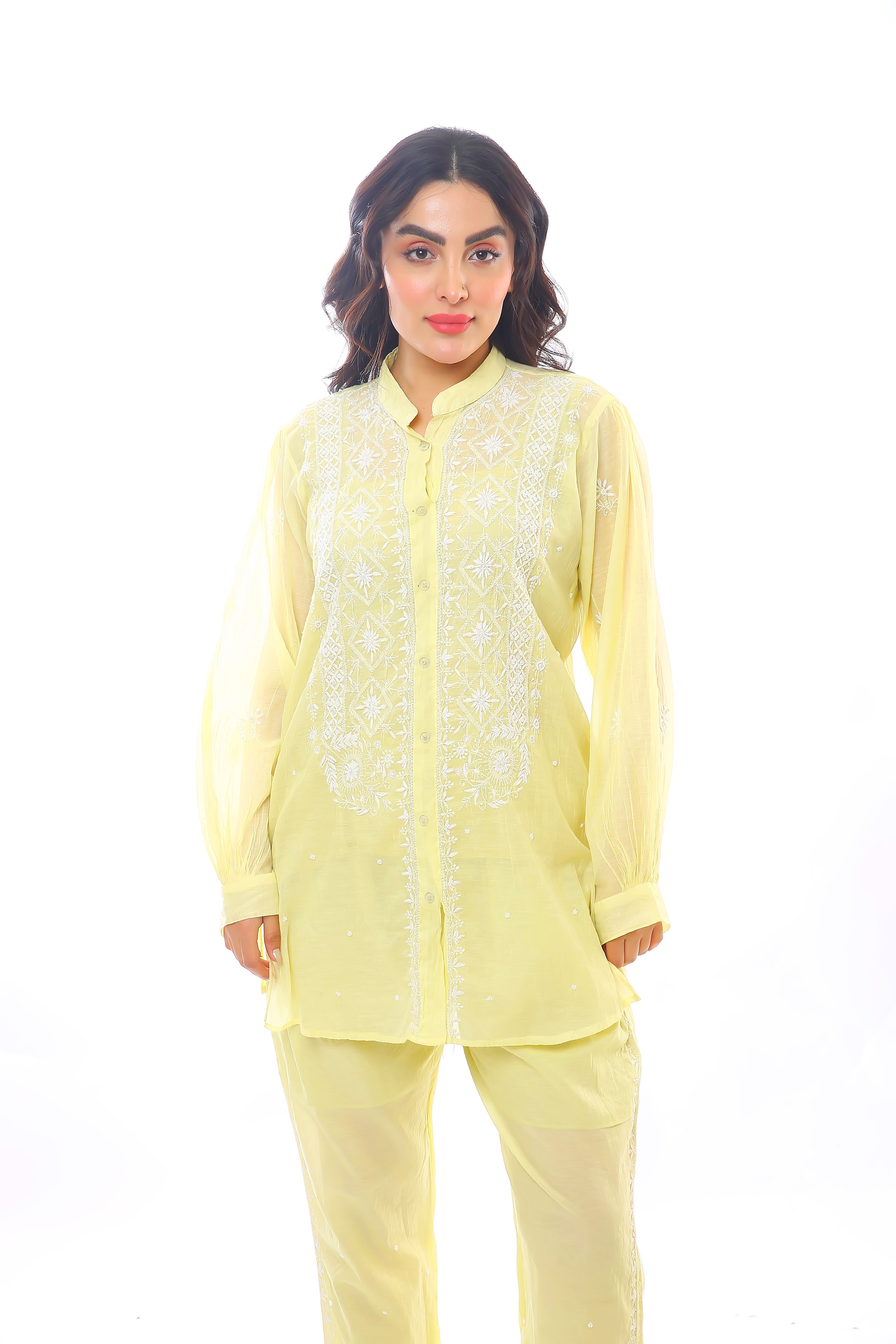 Yellow Mul Chanderi Mehak Co-ord Set with Moti Cutdana