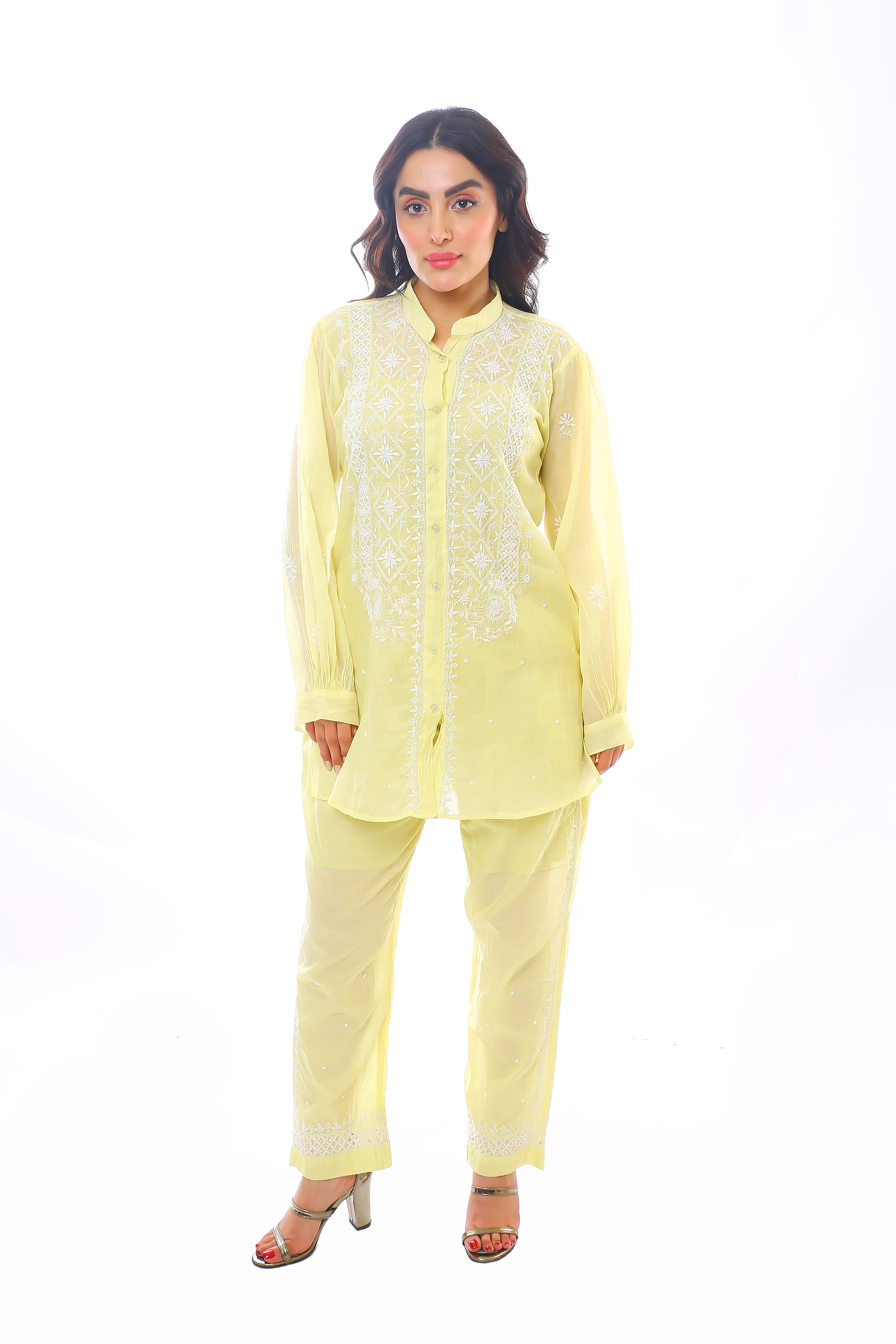 Yellow Mul Chanderi Mehak Co-ord Set with Moti Cutdana
