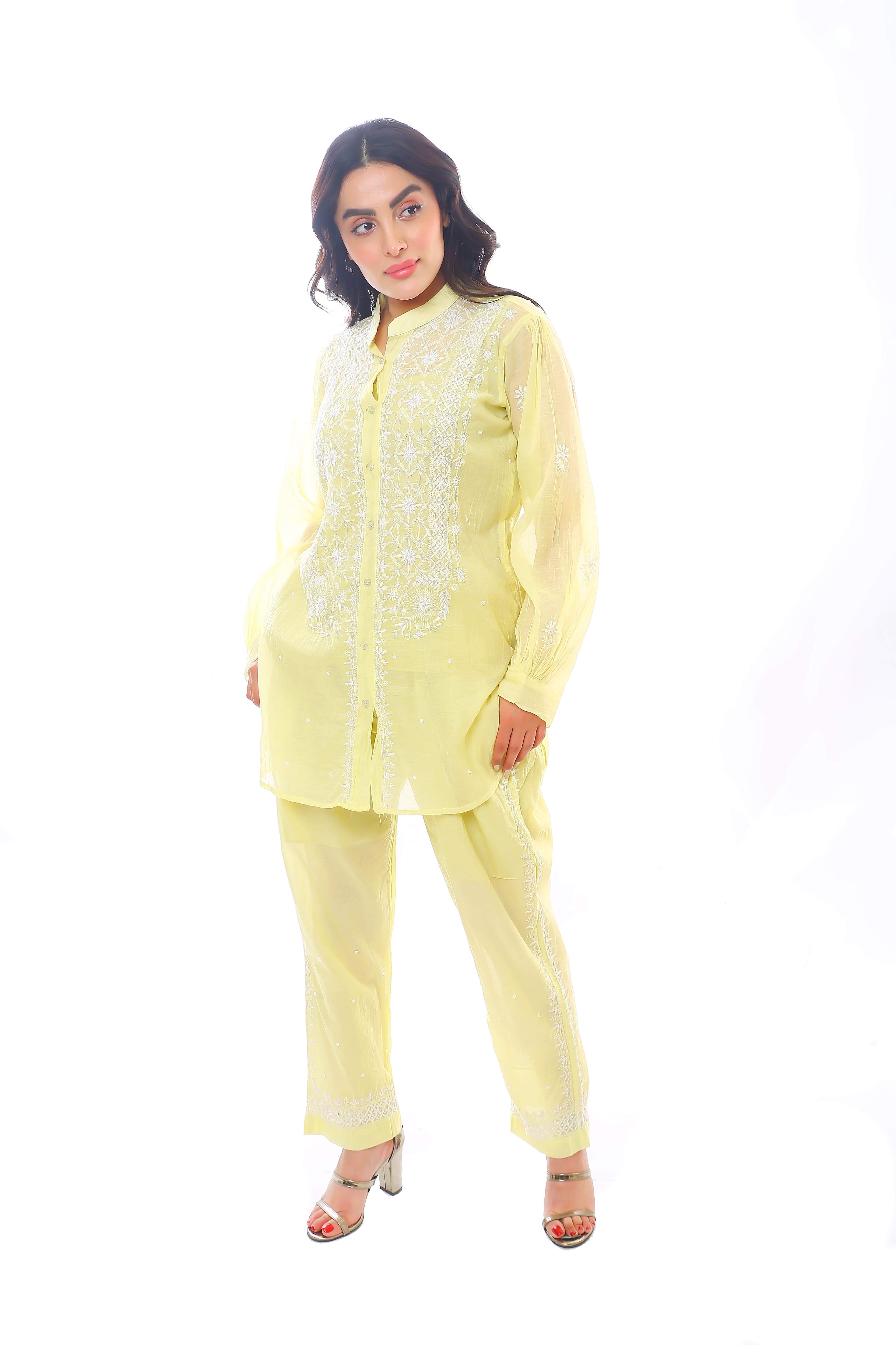 Yellow Mul Chanderi Mehak Co-ord Set with Moti Cutdana
