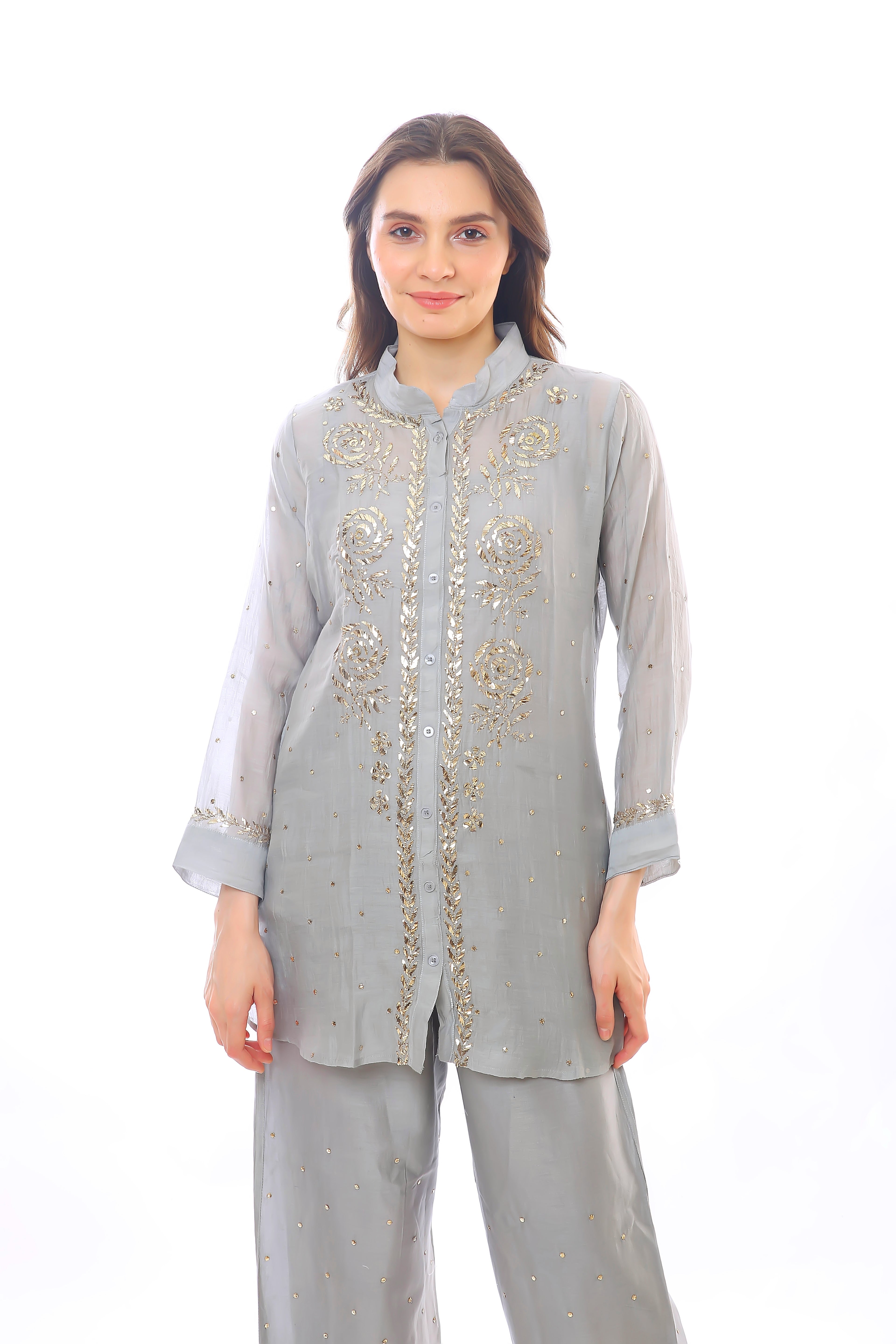 Soft Grey Mul Chanderi Nayra Co-ord Set with Golden Pitta