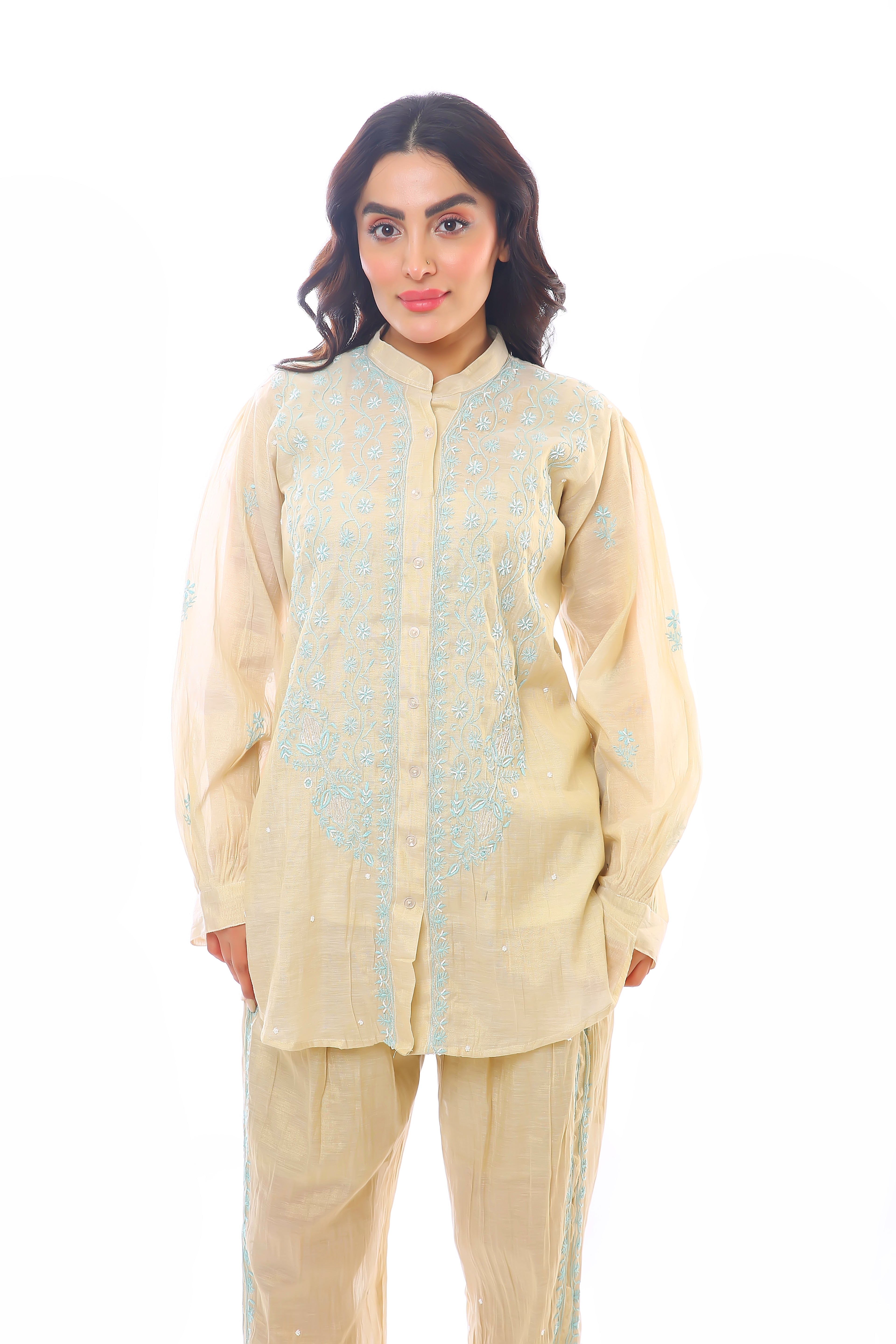 Golden Blue Tissue Chanderi Shafaq Co-ord Set with Moti Cutdana