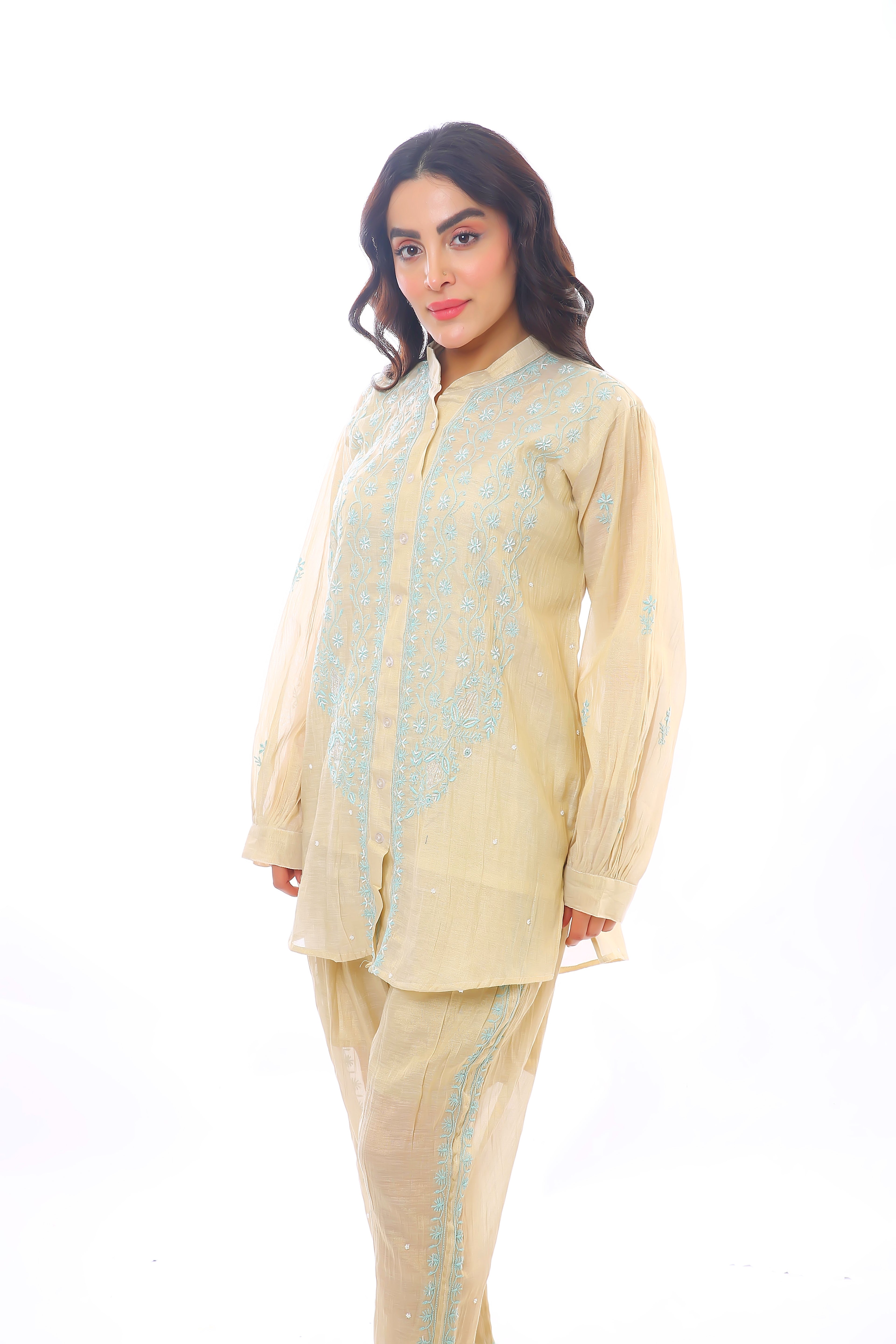 Golden Blue Tissue Chanderi Shafaq Co-ord Set with Moti Cutdana
