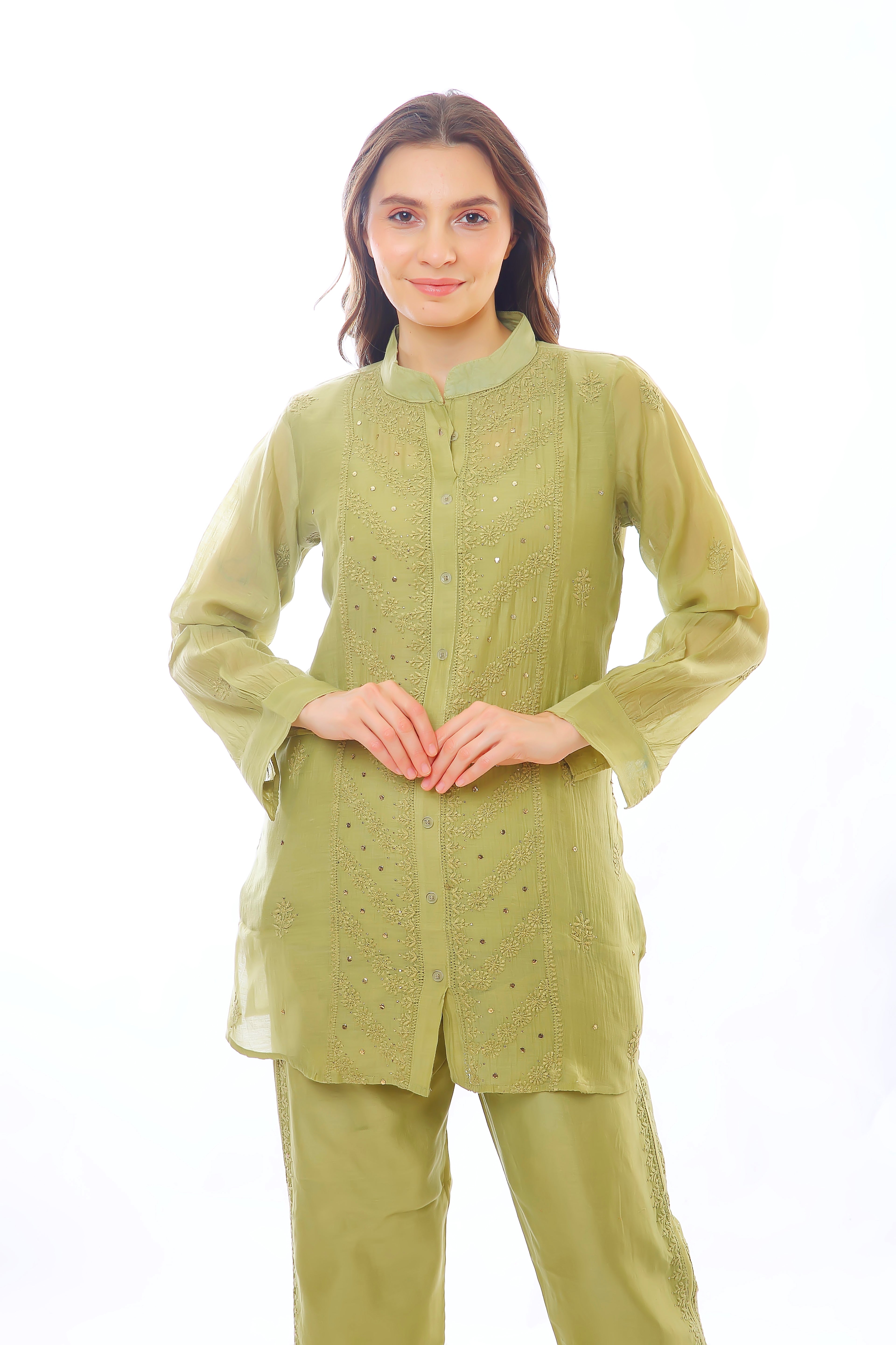 Olive Mul Chanderi Jahan Chikankari Co-ord Set with Mukaish