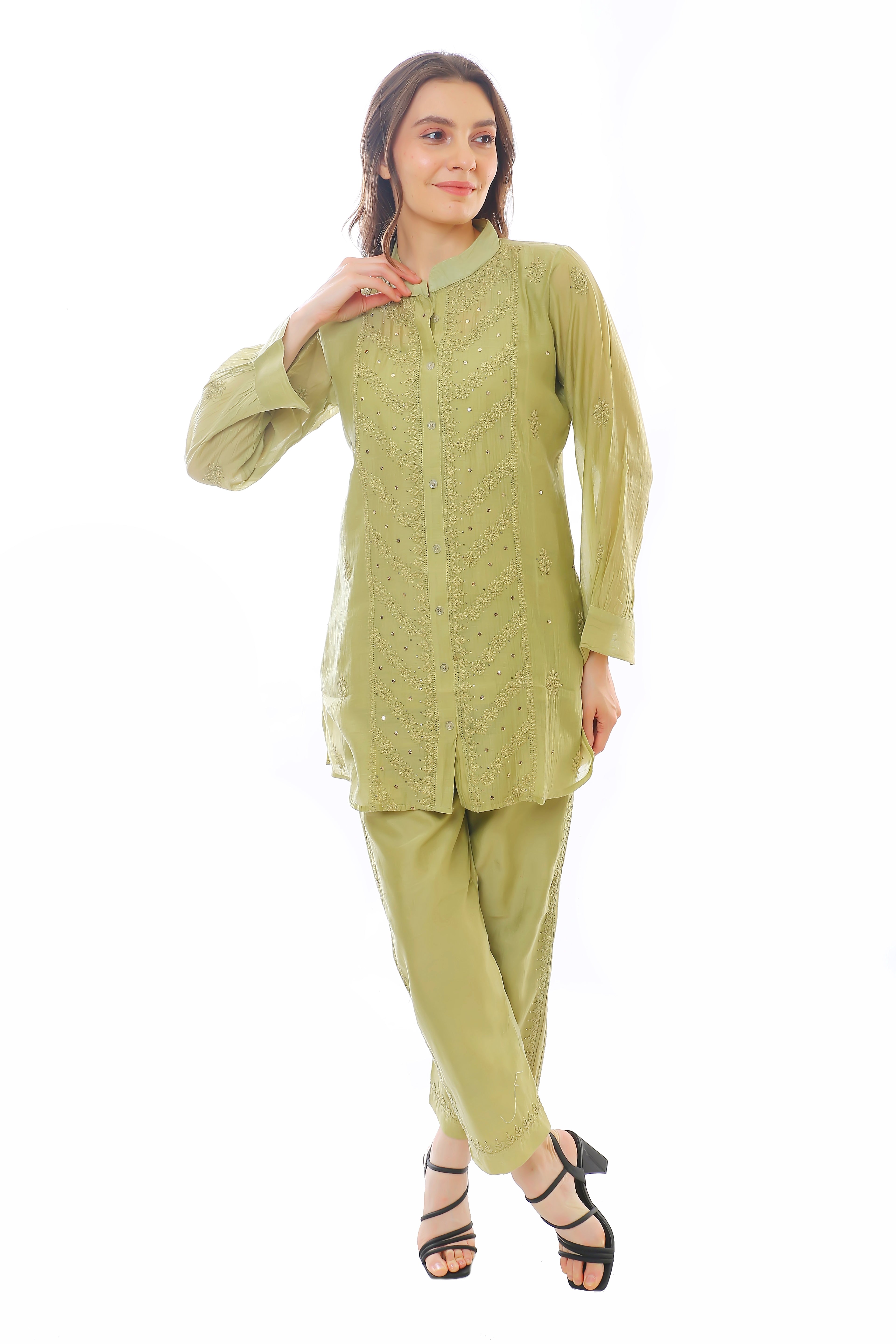 Olive Mul Chanderi Jahan Chikankari Co-ord Set with Mukaish