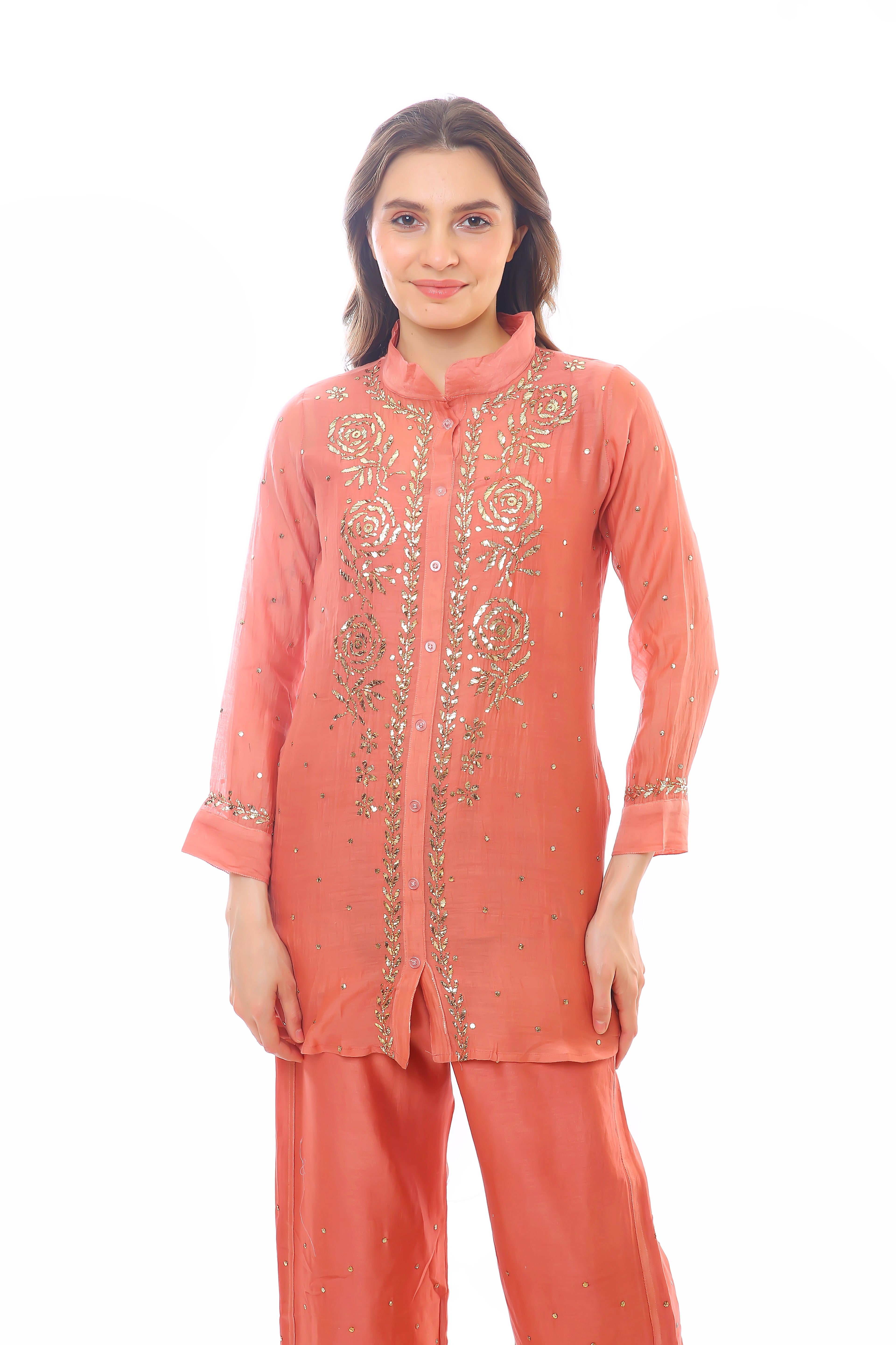 Dark Nude Mul Chanderi Nayra Co-ord Set with Golden Pitta