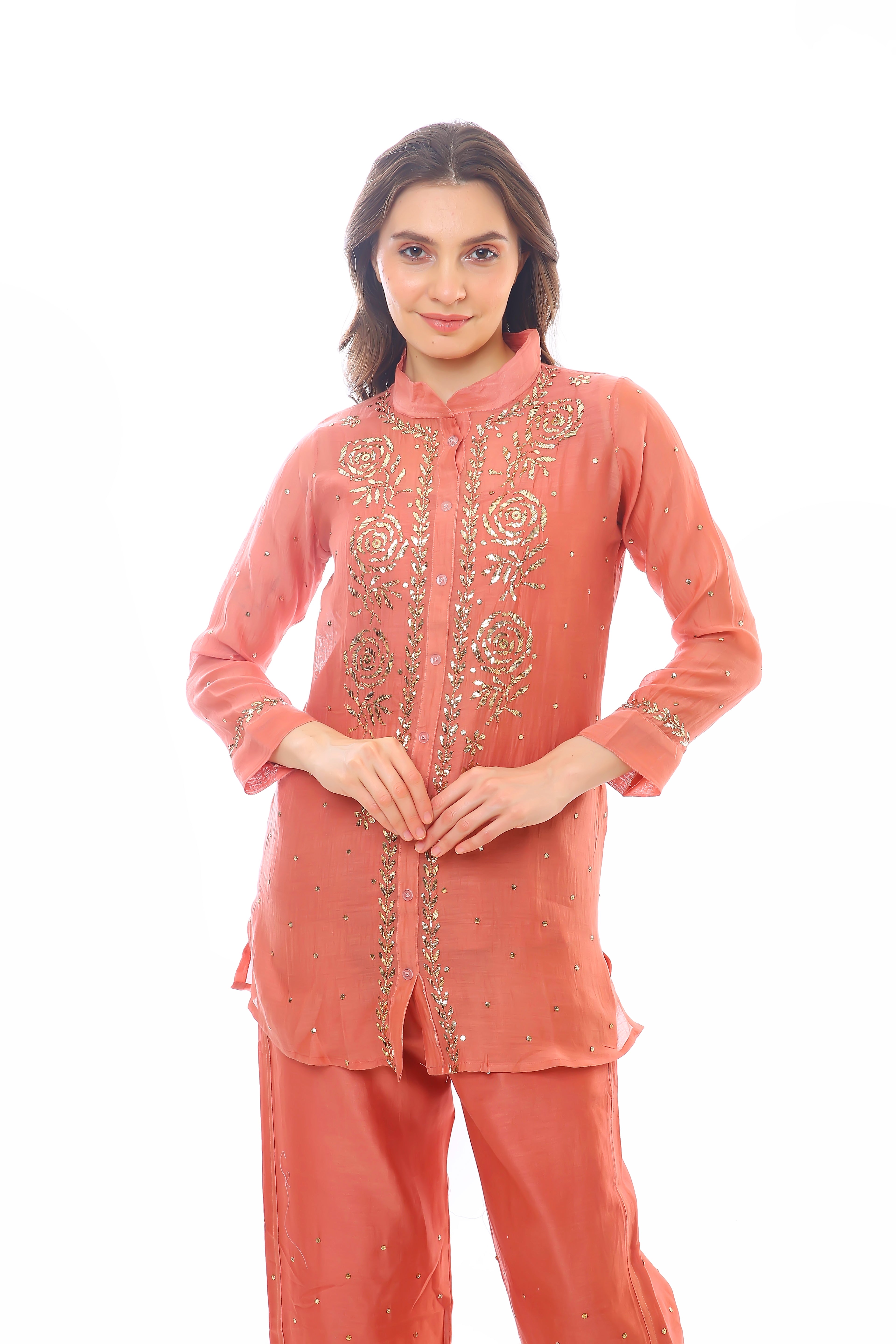 Dark Nude Mul Chanderi Nayra Co-ord Set with Golden Pitta