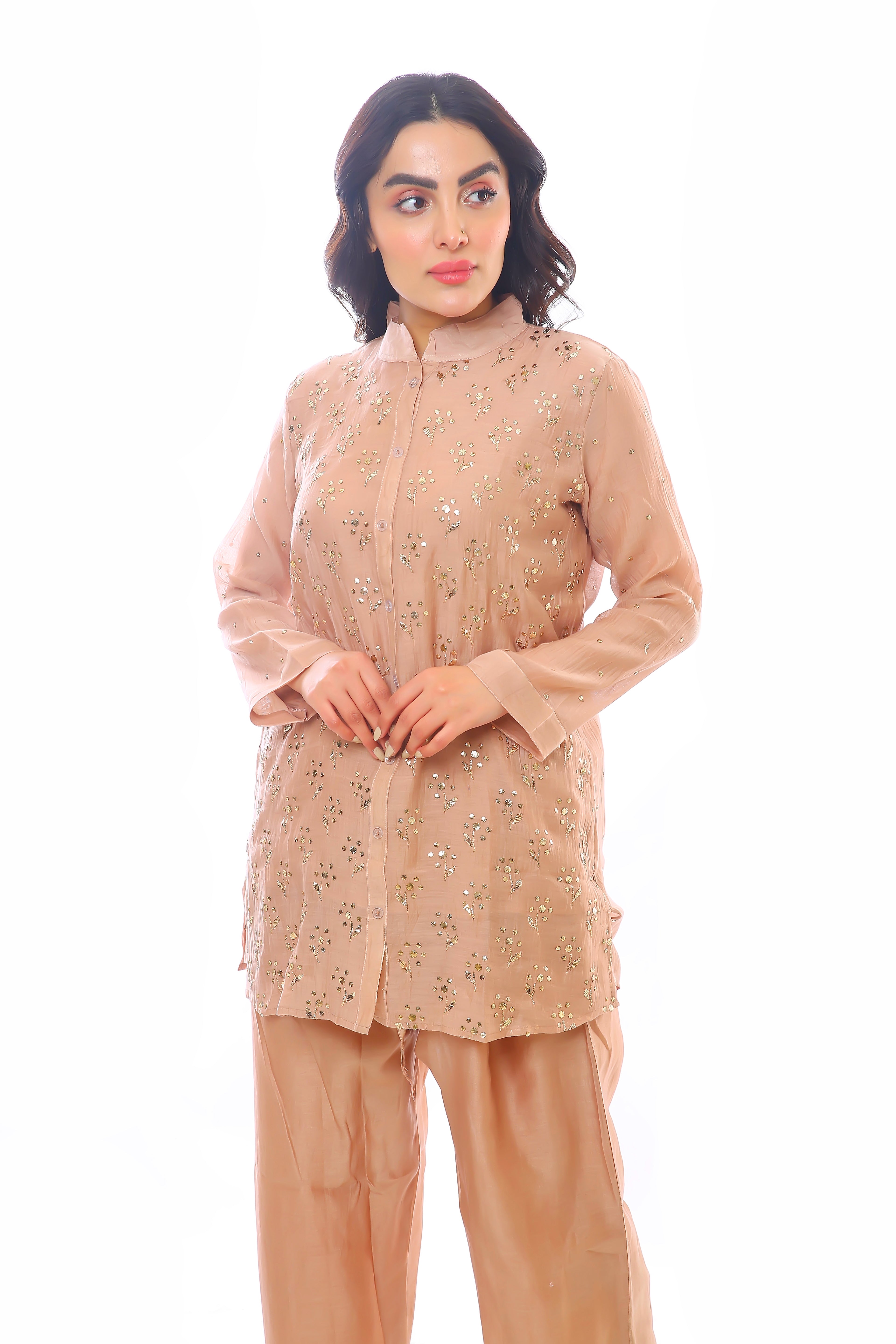 Sunehri Peach Chanderi Devi Co-ord Set with Golden Pitta