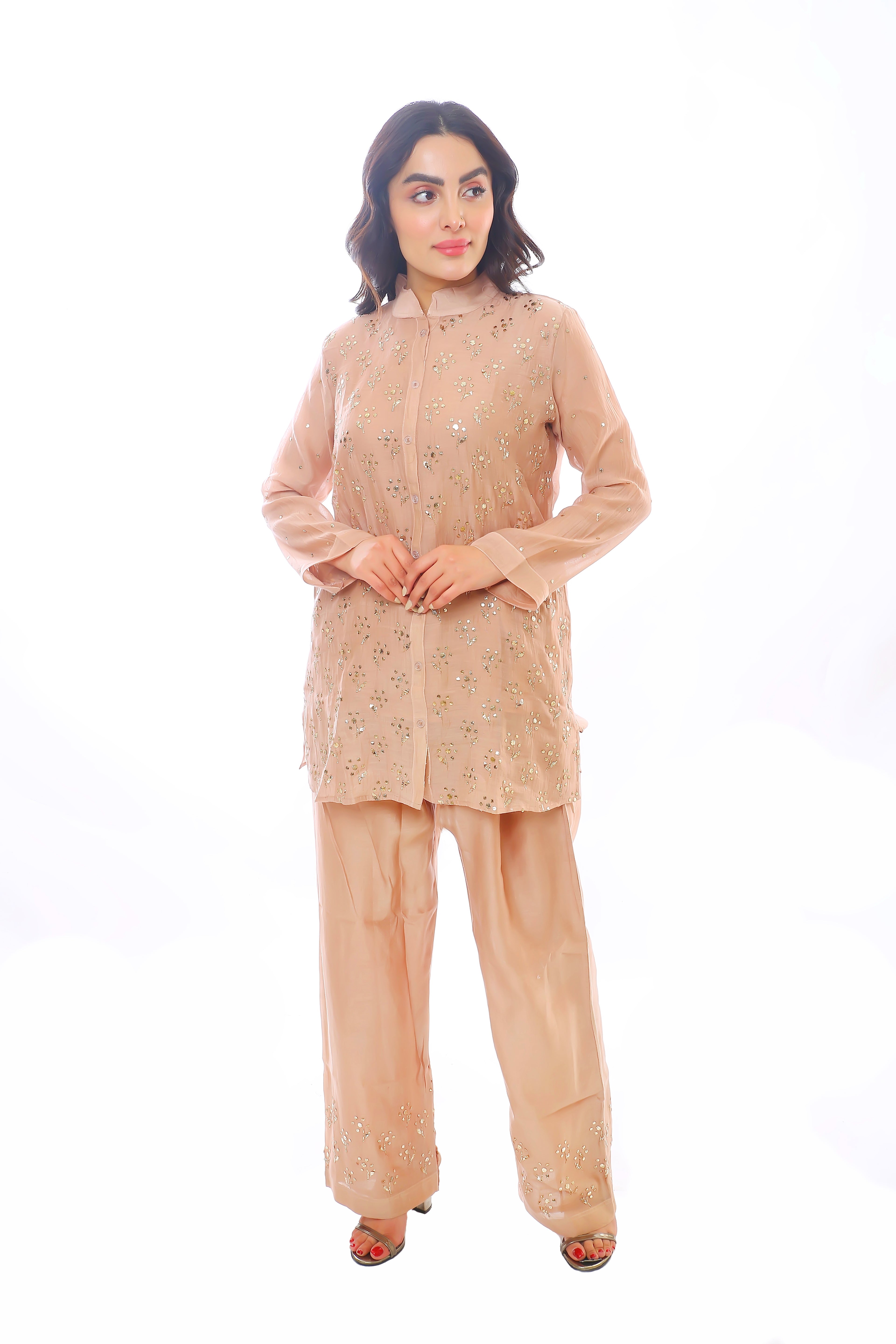 Sunehri Peach Chanderi Devi Co-ord Set with Golden Pitta