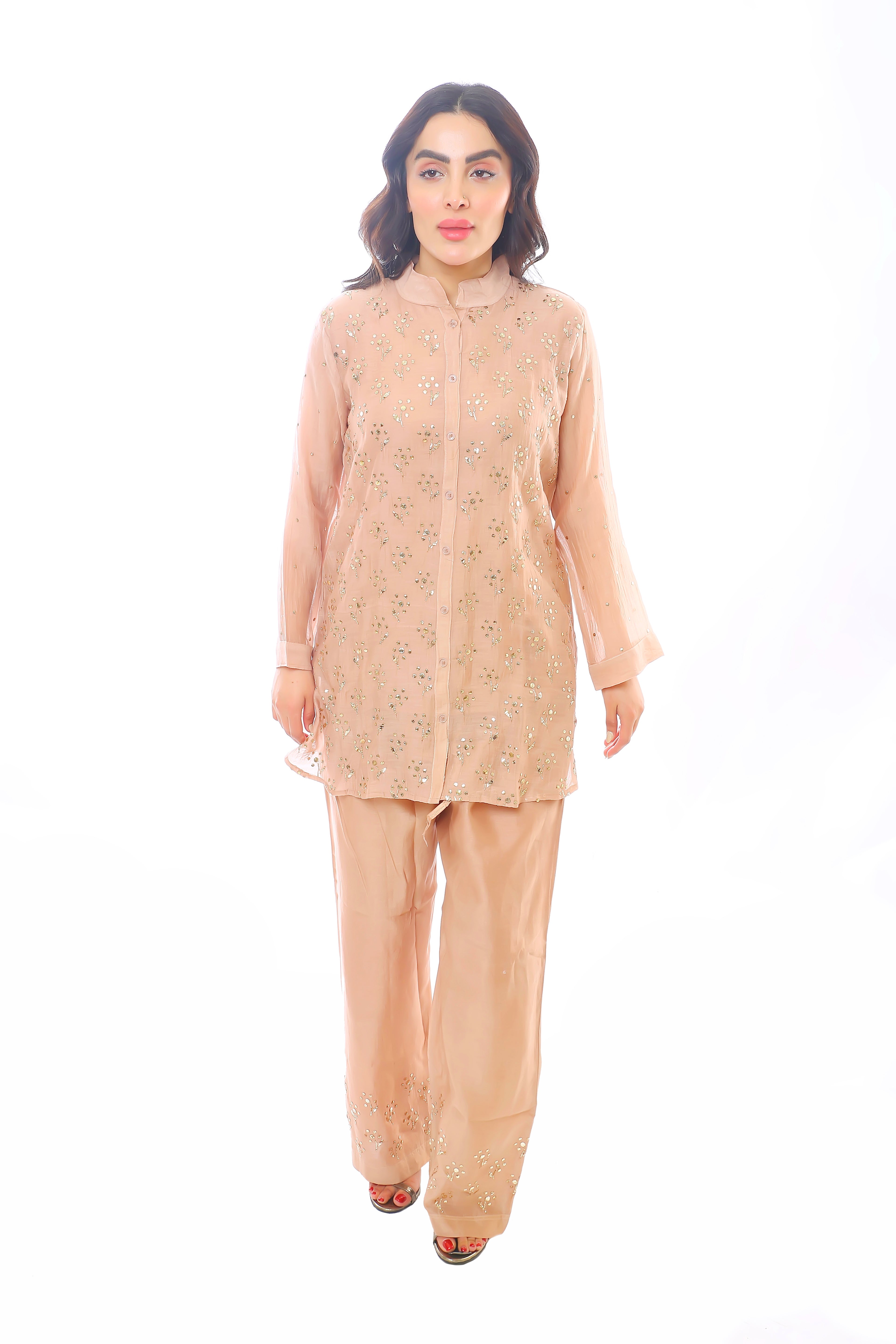 Sunehri Peach Chanderi Devi Co-ord Set with Golden Pitta