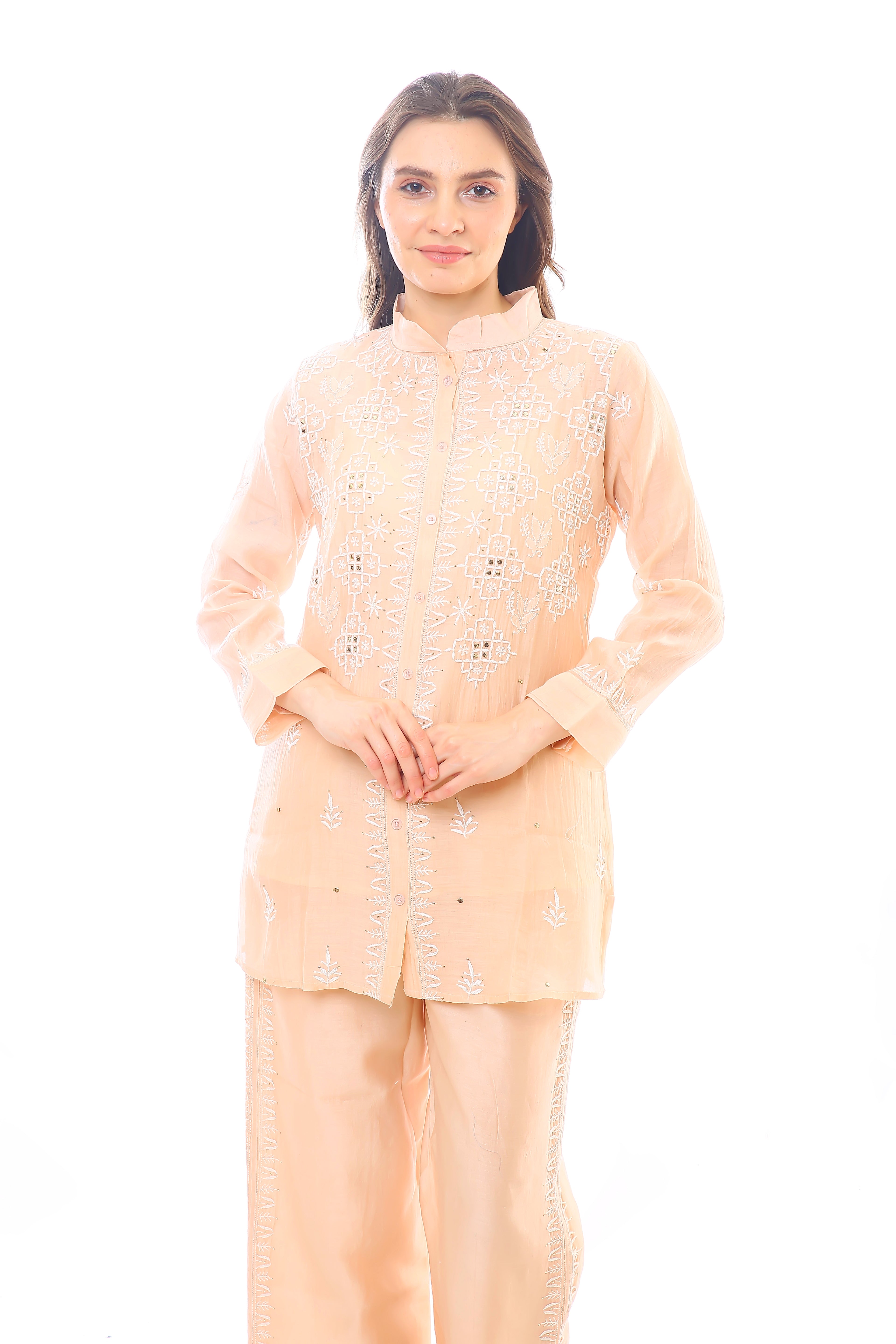 Peach Mul Chanderi Jahan Chikankari Co-ord Set with Mukaish