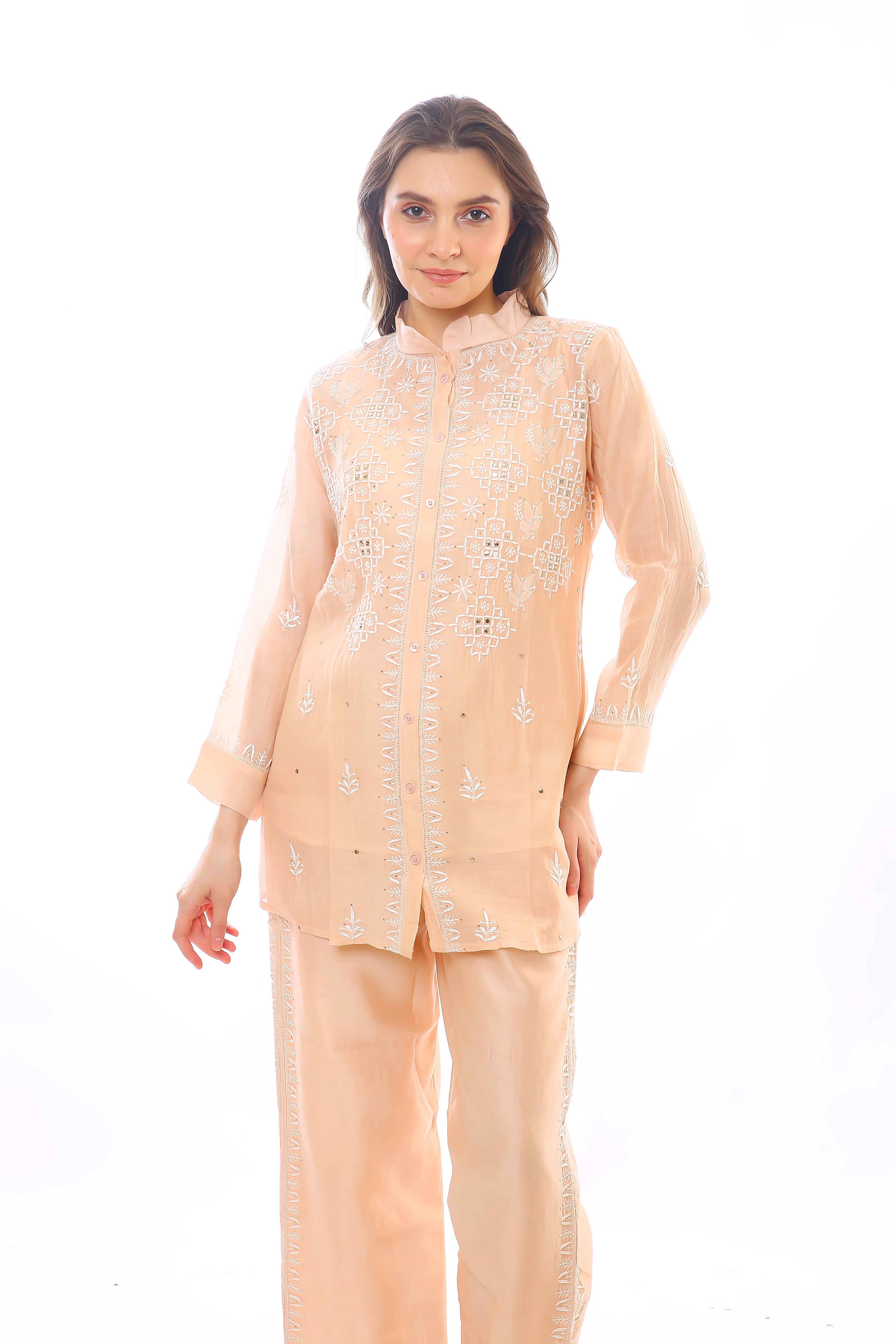 Peach Mul Chanderi Jahan Chikankari Co-ord Set with Mukaish