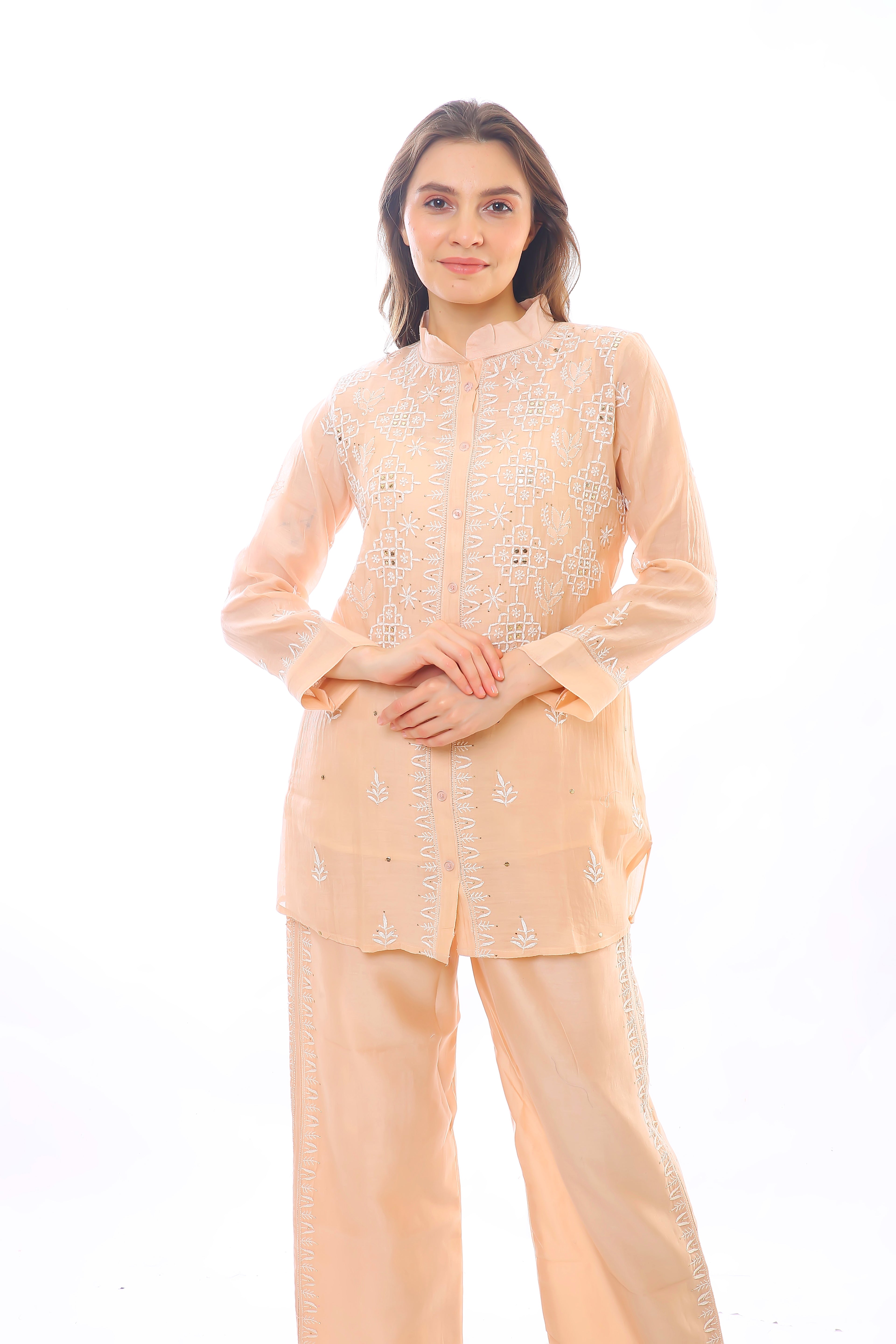 Peach Mul Chanderi Jahan Chikankari Co-ord Set with Mukaish