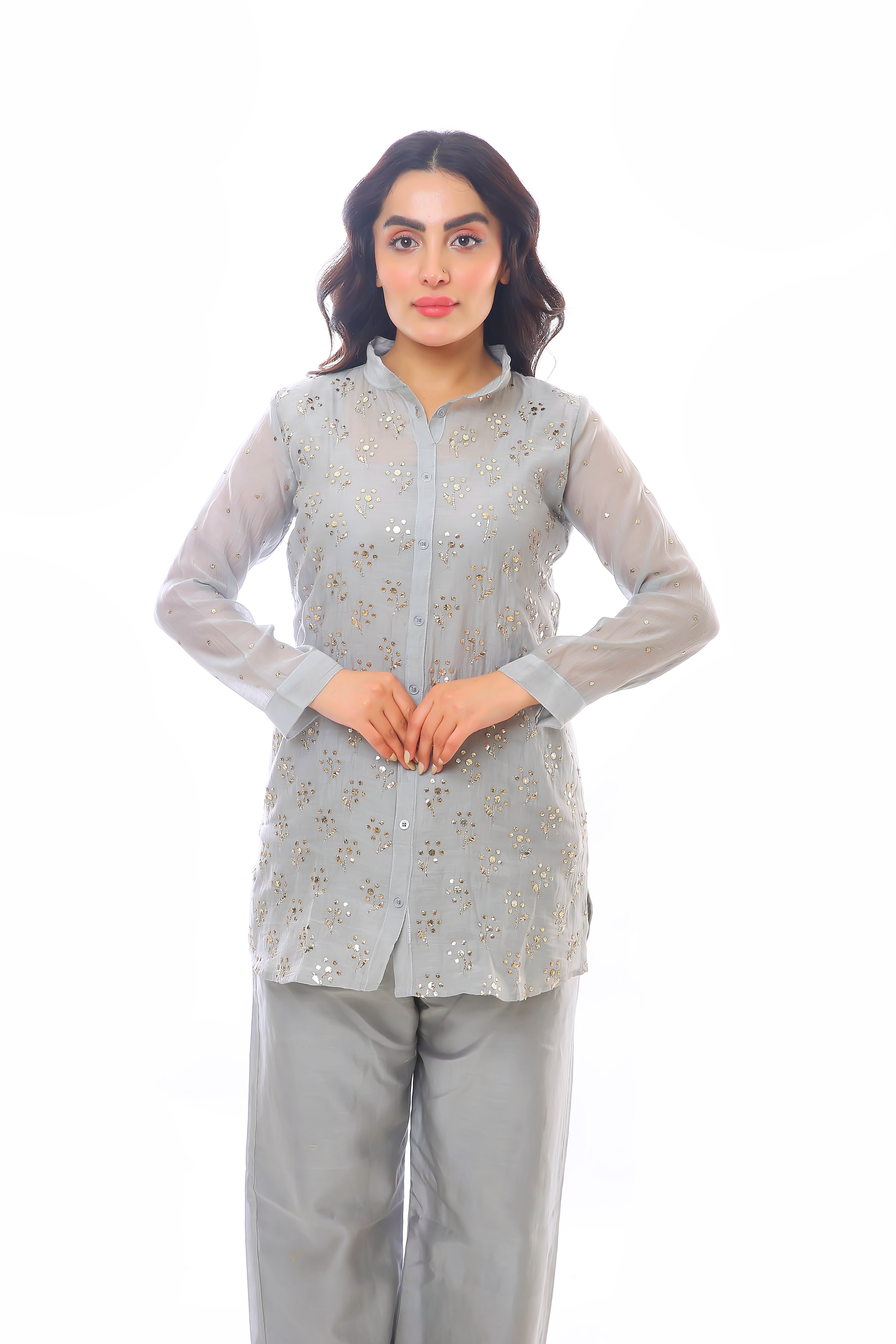 Grey Chanderi Devi Co-ord Set with Golden Pitta