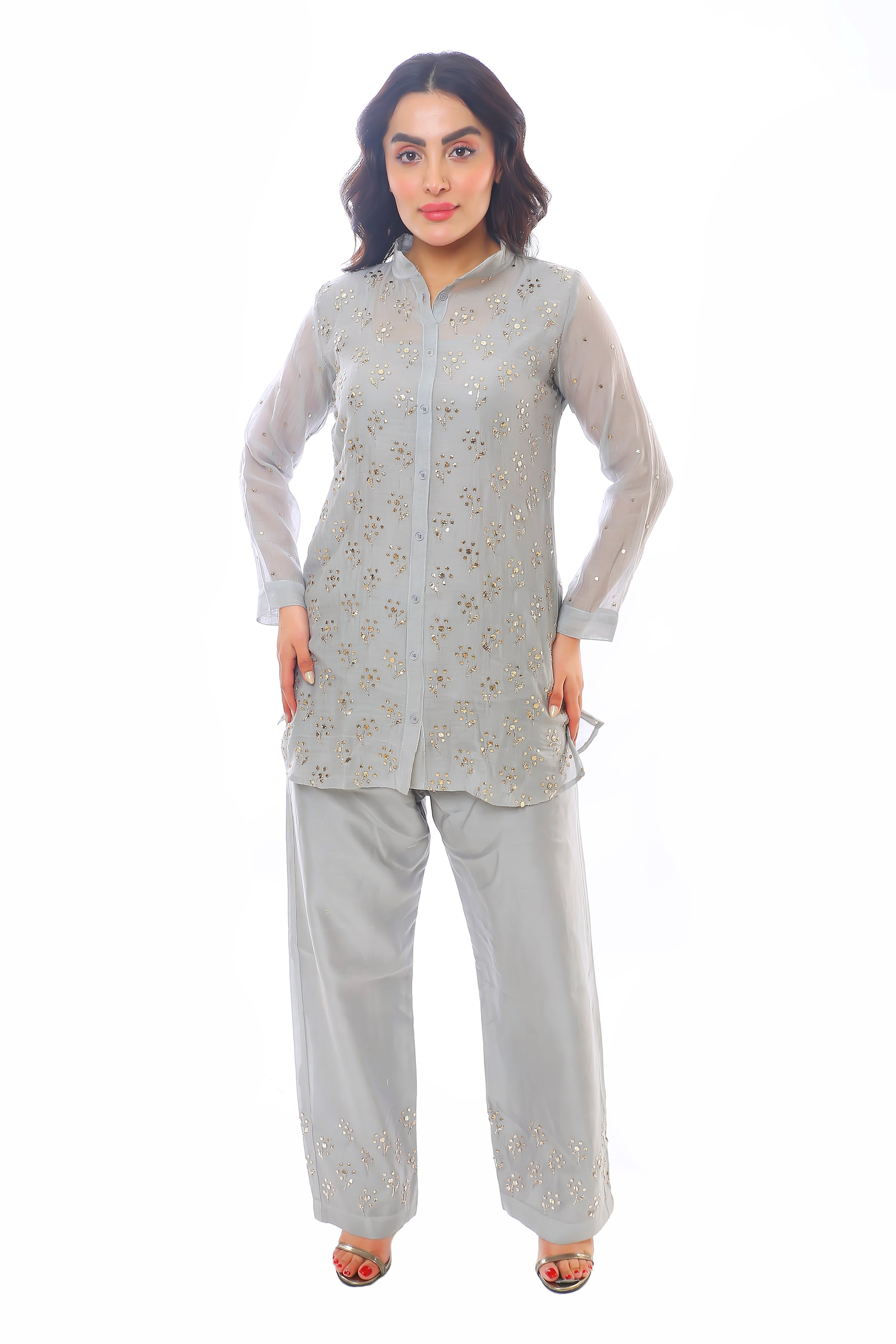 Grey Chanderi Devi Co-ord Set with Golden Pitta