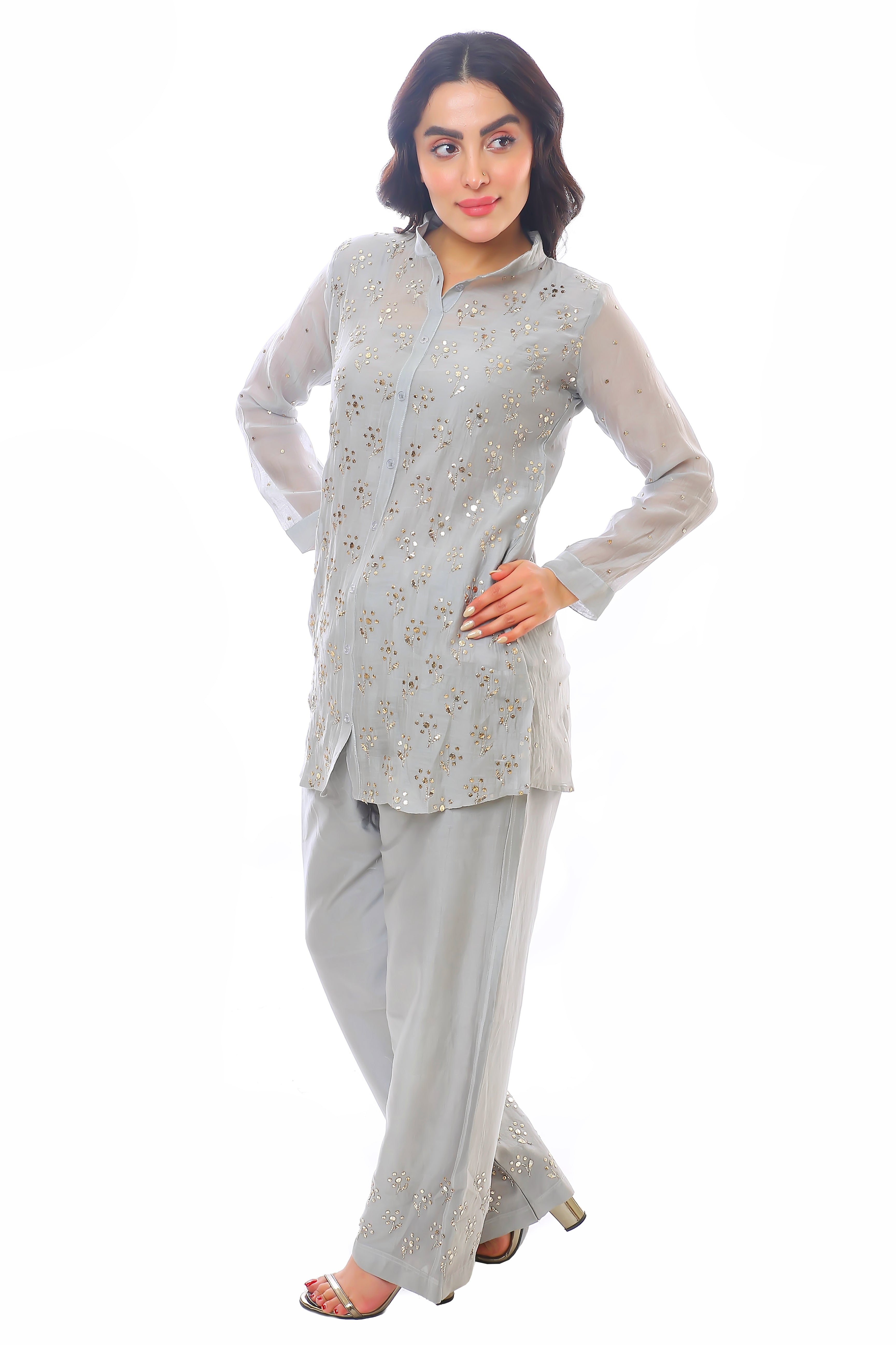 Grey Chanderi Devi Co-ord Set with Golden Pitta