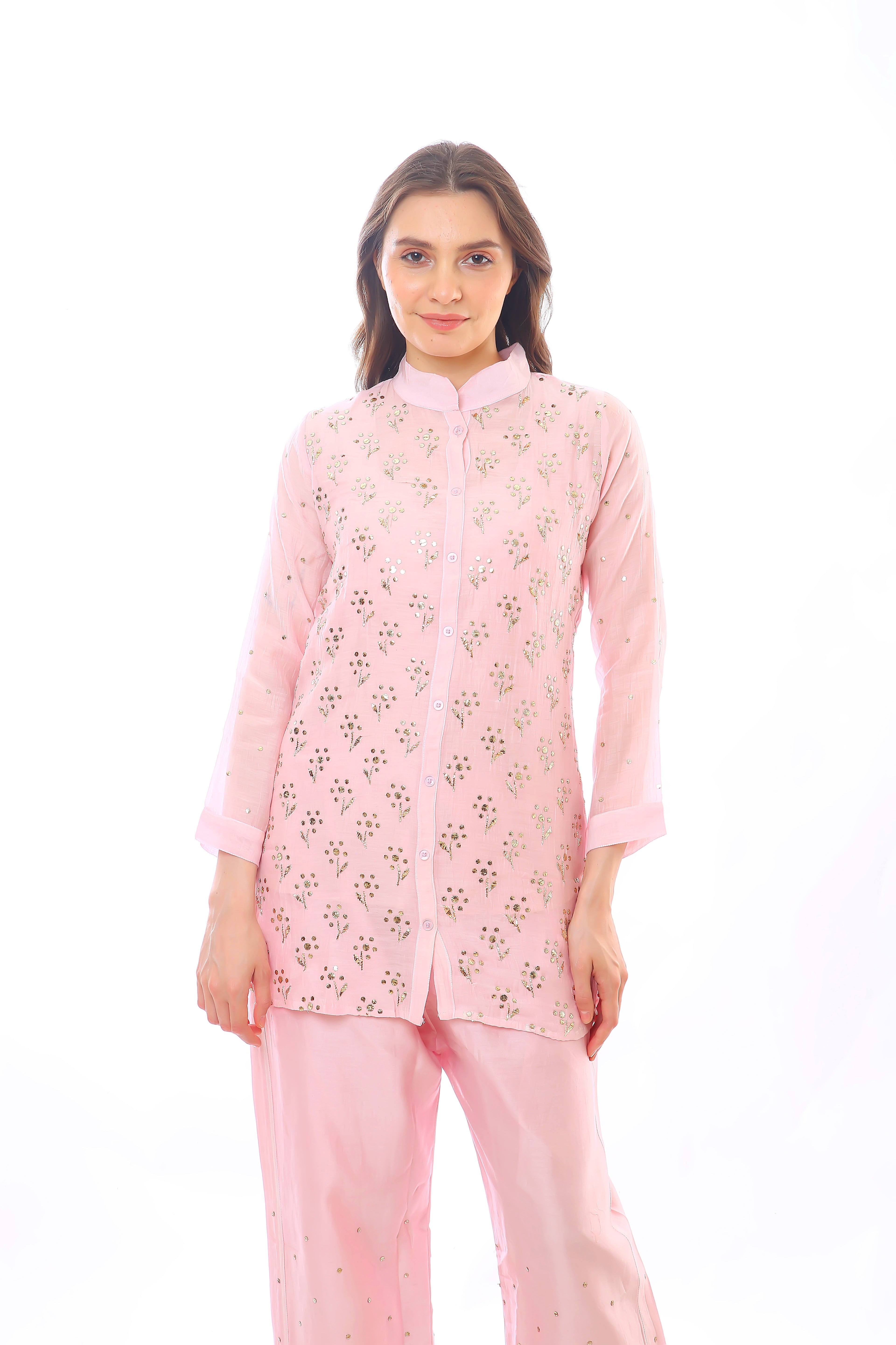 Soft Pink Chanderi Devi Co-ord Set with Golden Pitta