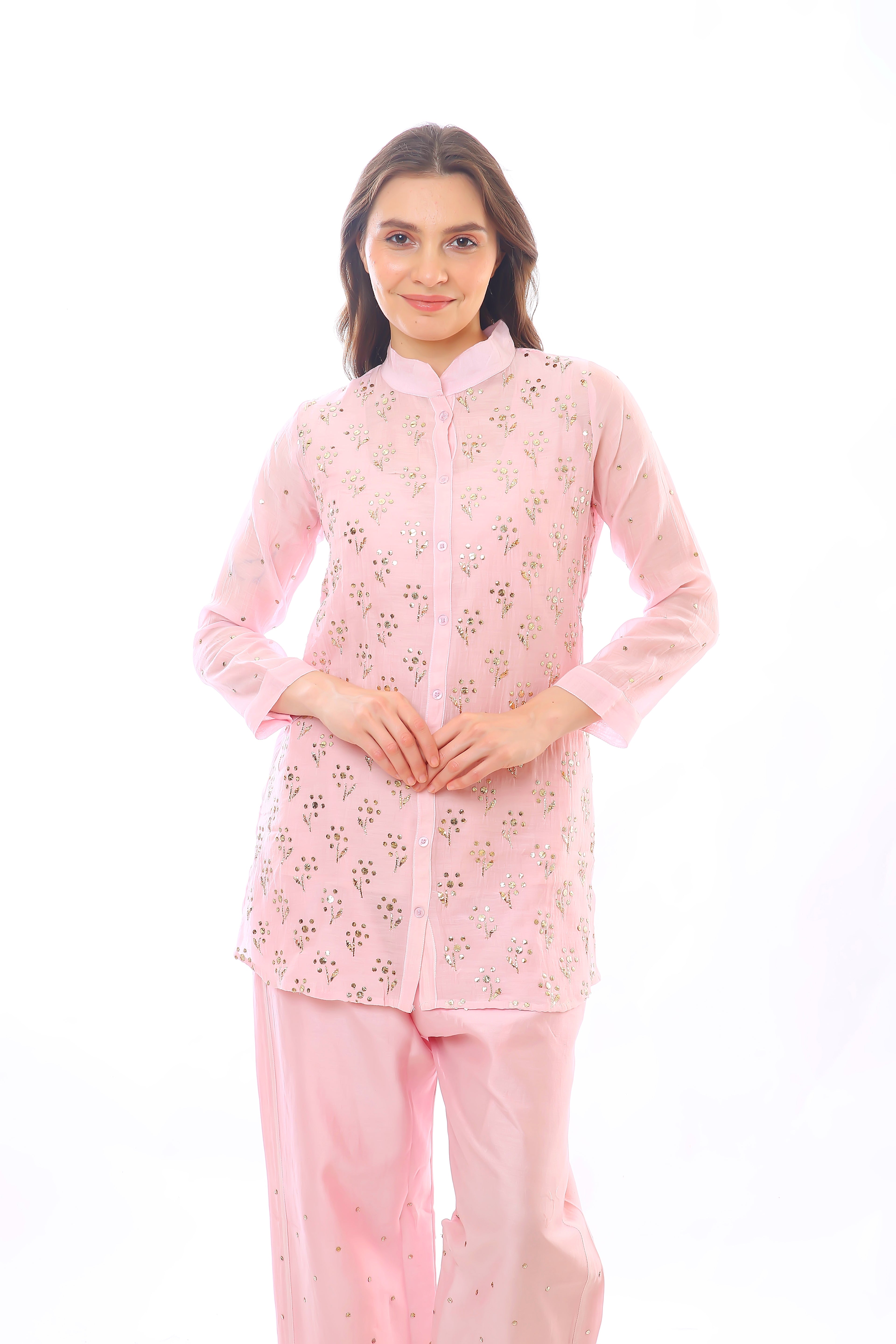 Soft Pink Chanderi Devi Co-ord Set with Golden Pitta