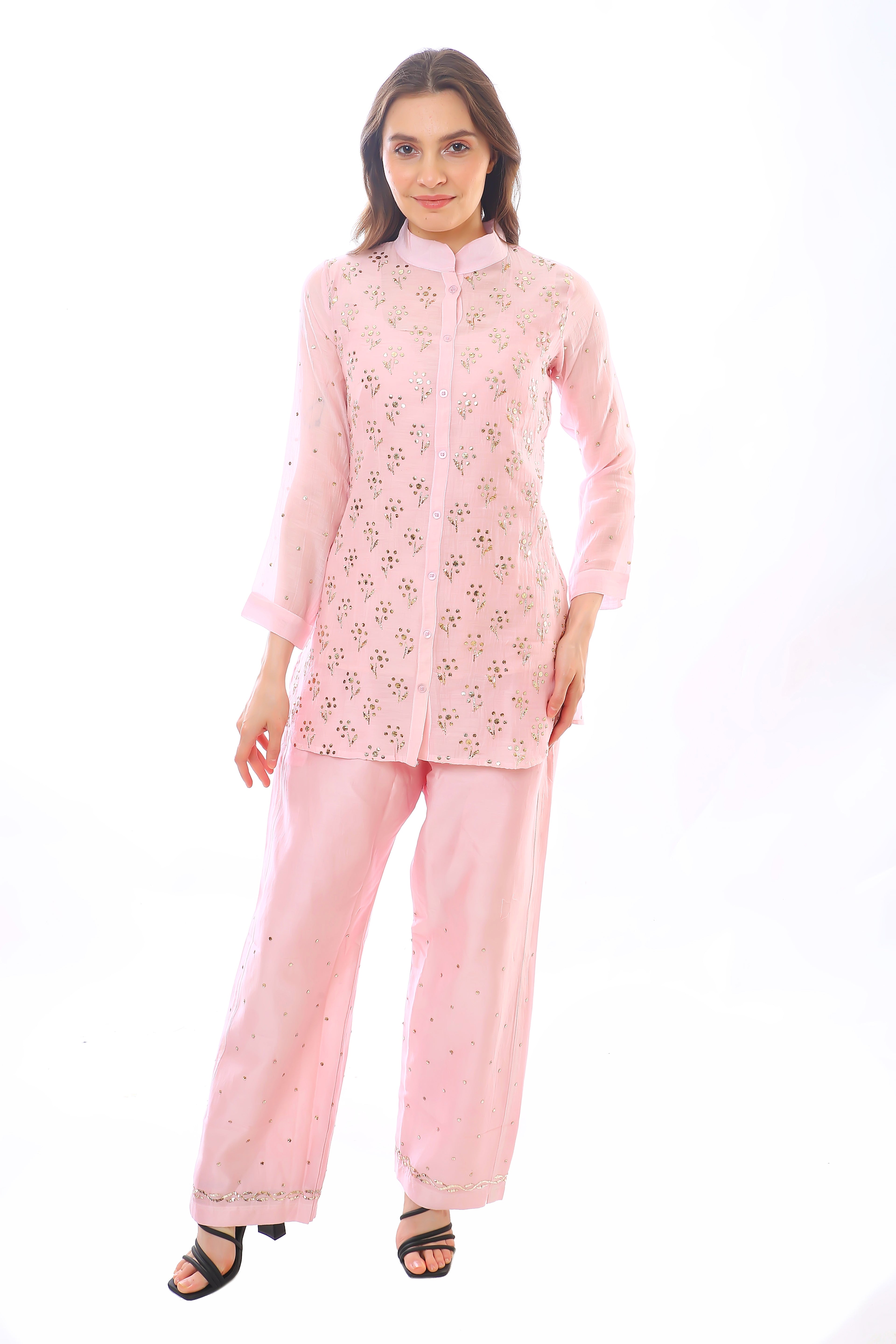 Soft Pink Chanderi Devi Co-ord Set with Golden Pitta