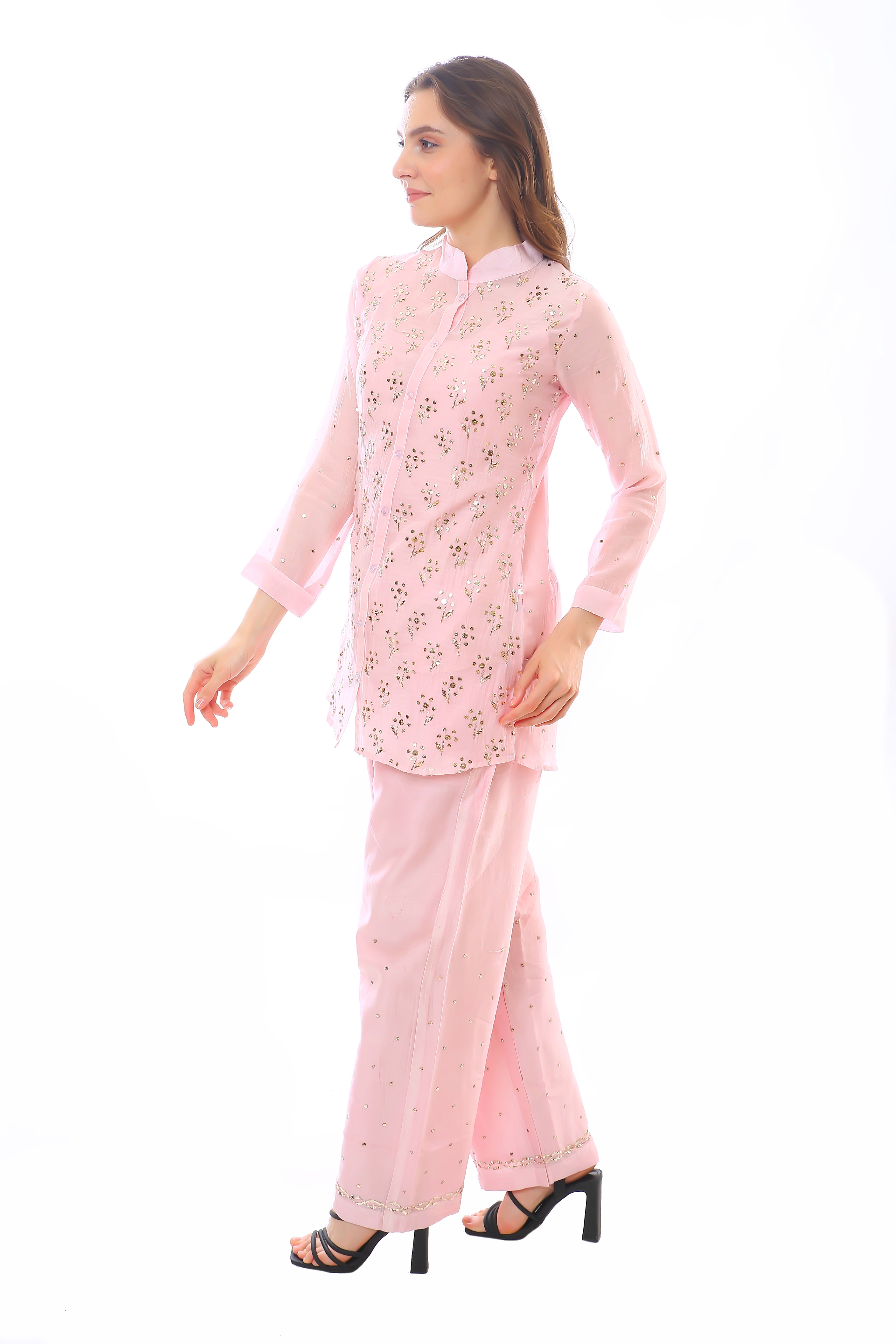 Soft Pink Chanderi Devi Co-ord Set with Golden Pitta