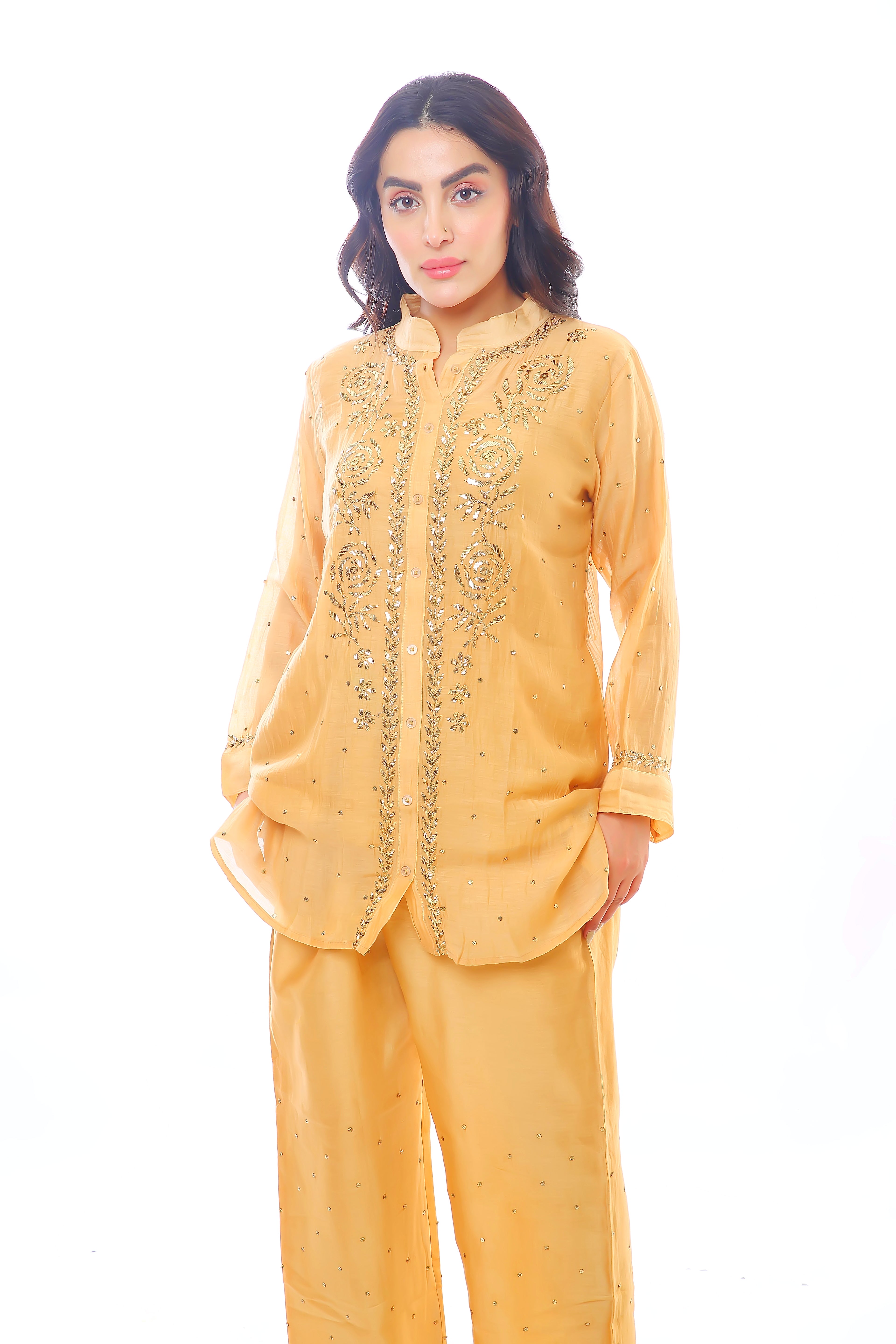 Warm Peach Mul Chanderi Nayra Co-ord Set with Golden Pitta