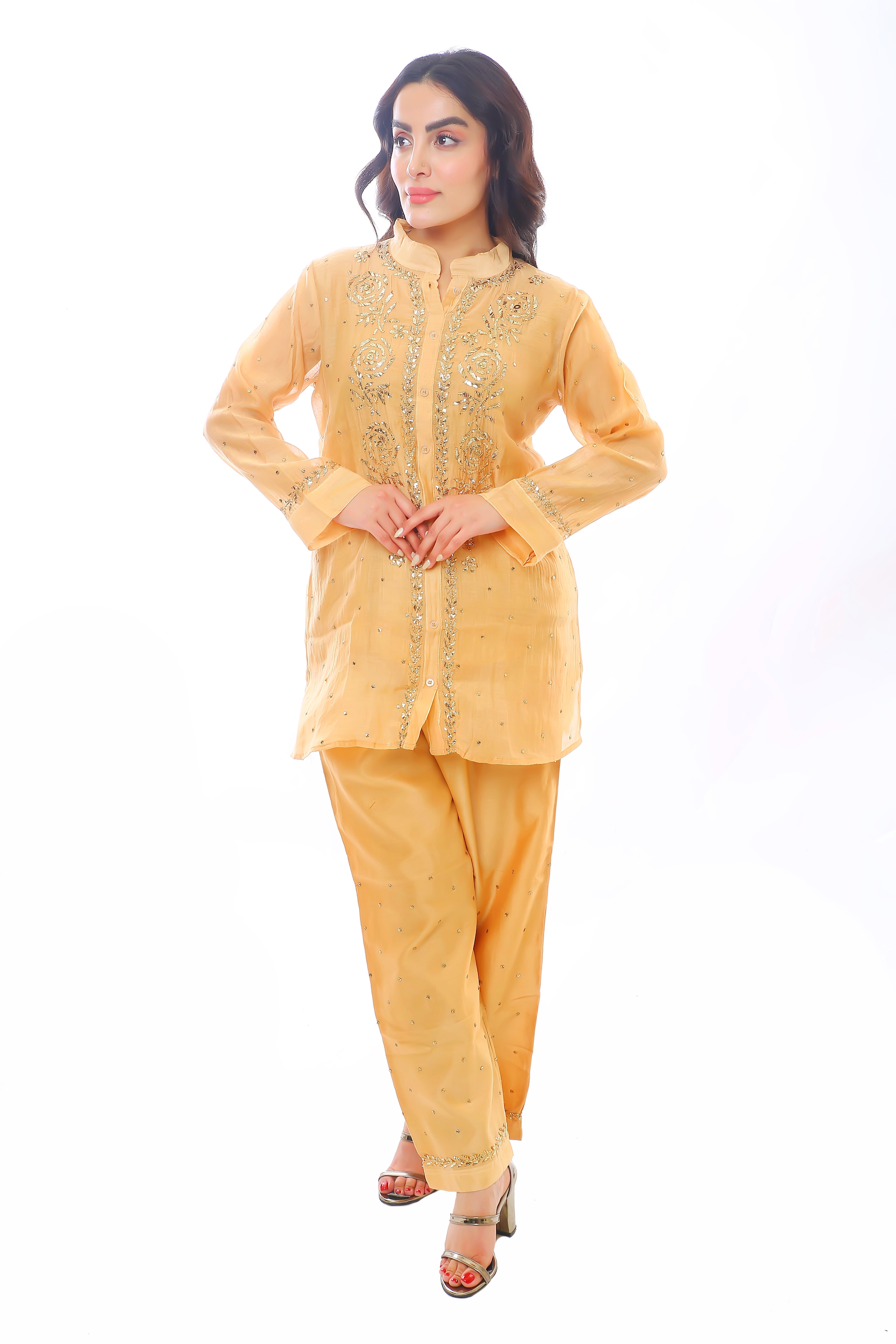 Warm Peach Mul Chanderi Nayra Co-ord Set with Golden Pitta