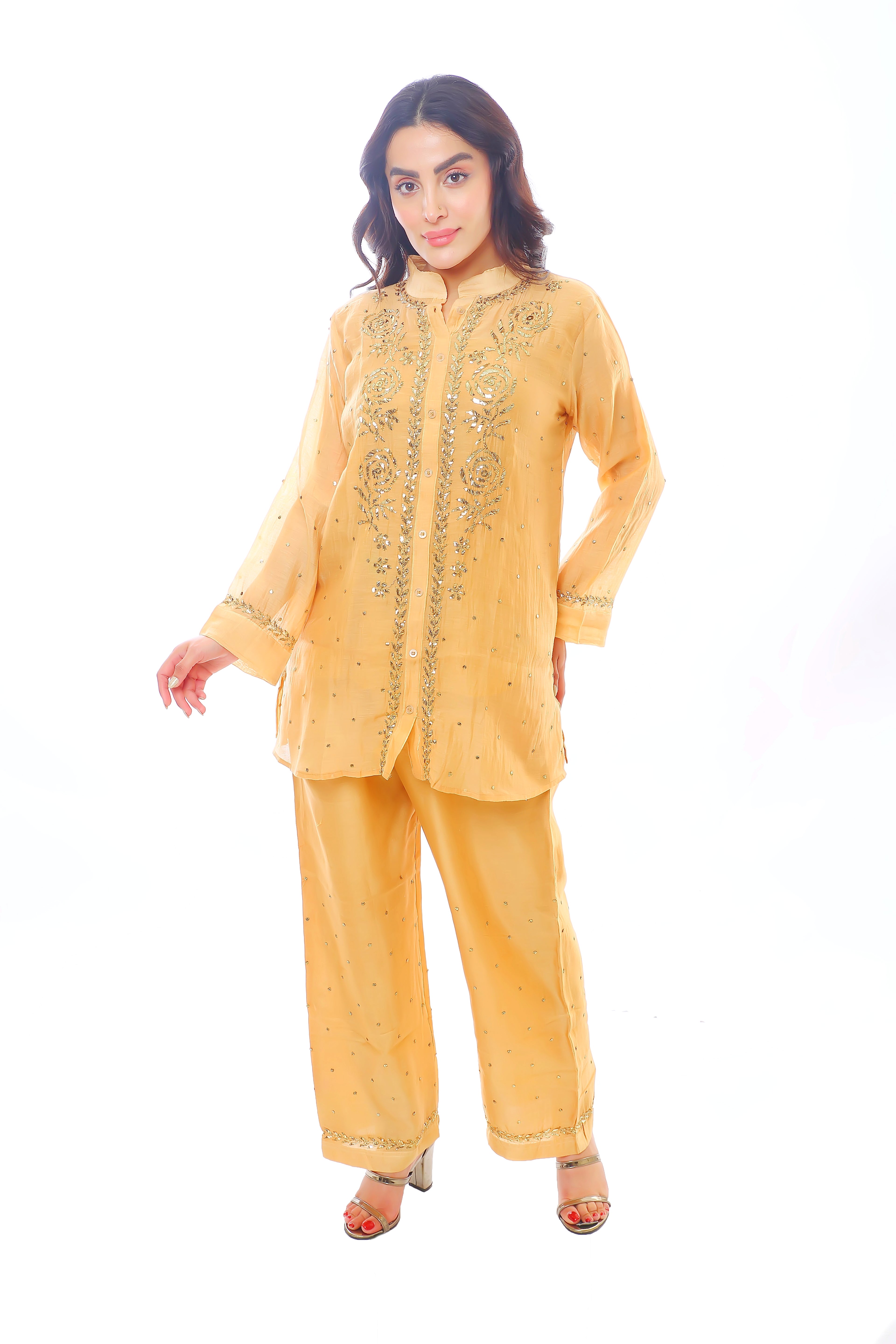 Warm Peach Mul Chanderi Nayra Co-ord Set with Golden Pitta
