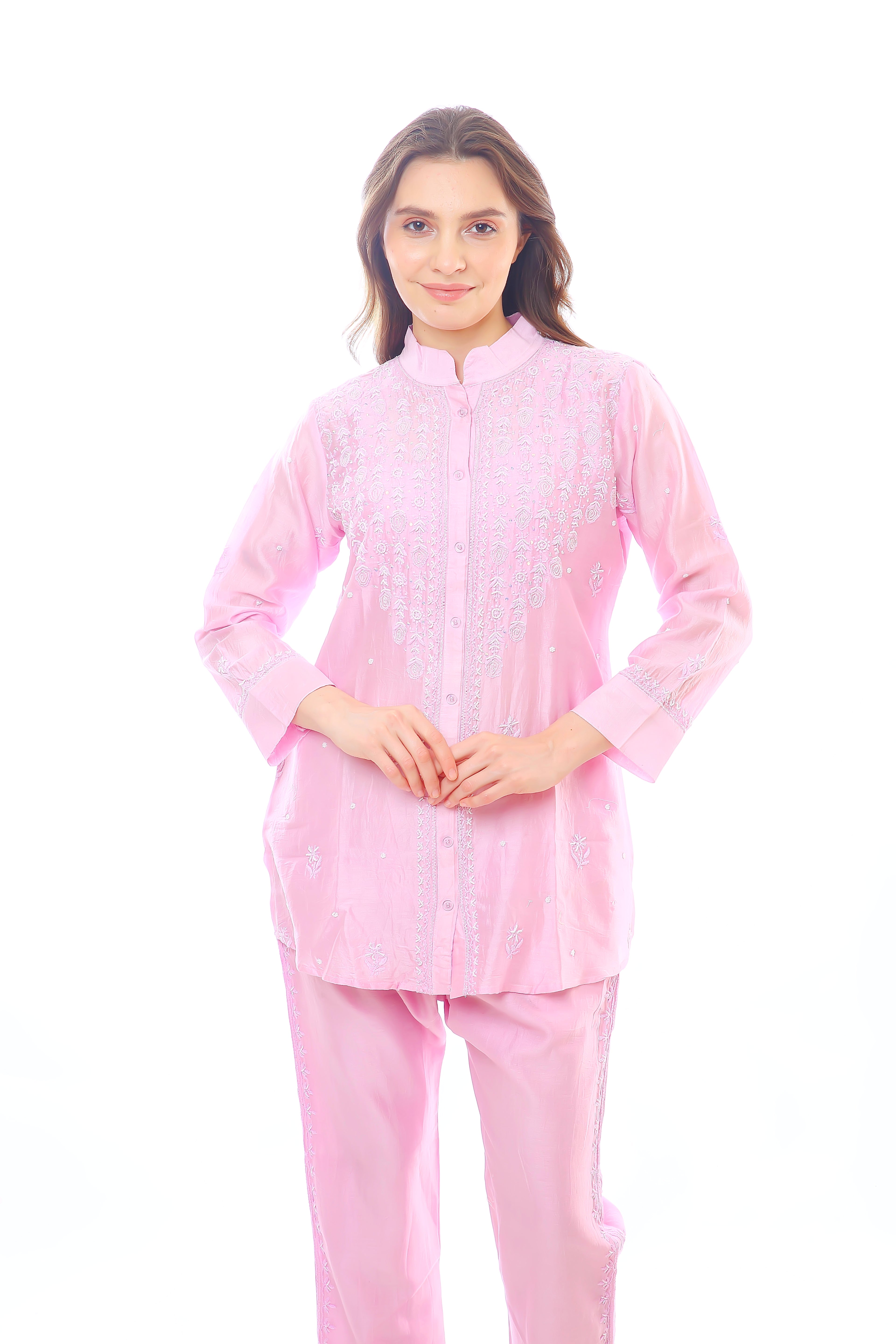 Pink Mul Chanderi Jahan Chikankari Co-ord Set with Moti Cutdana