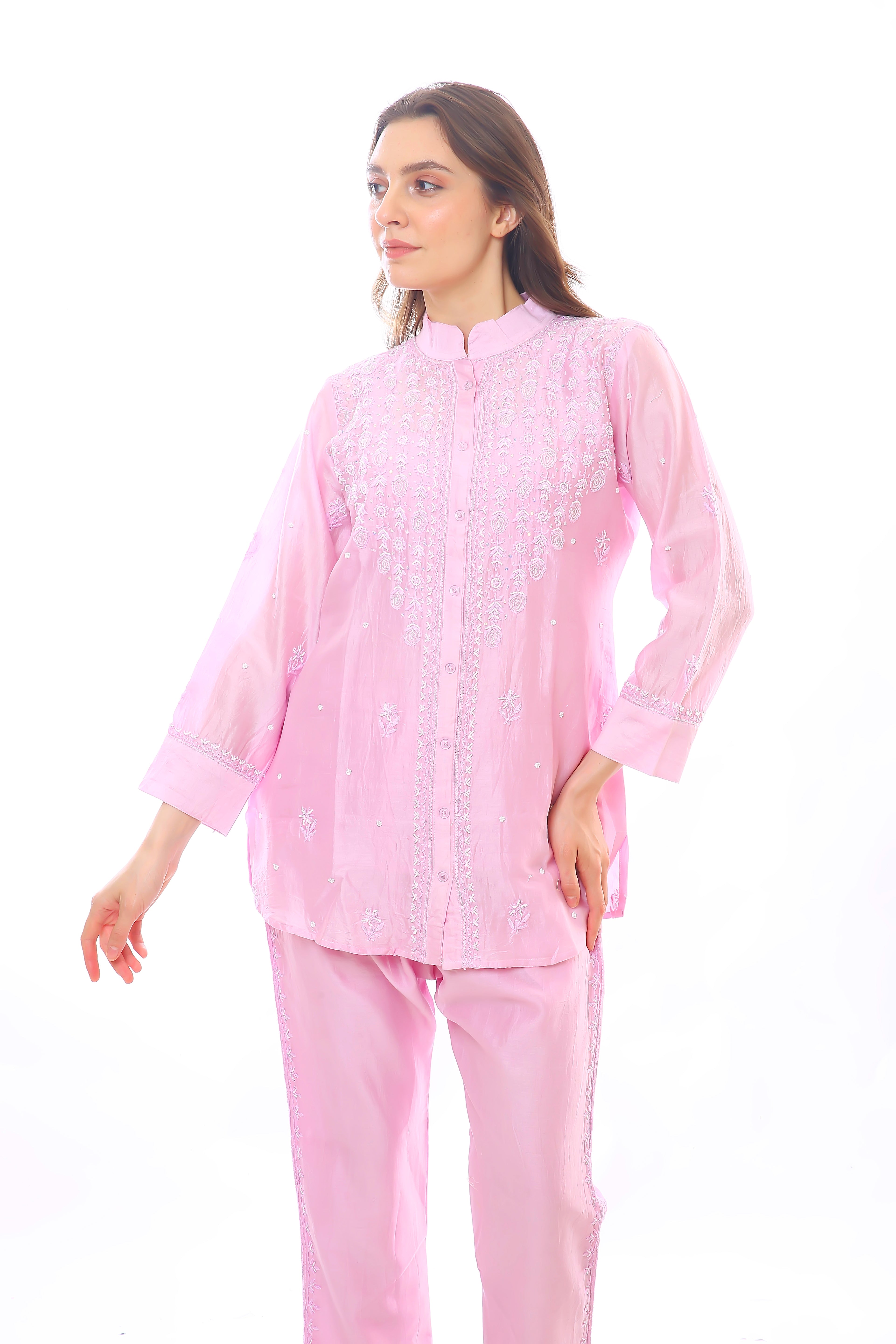 Pink Mul Chanderi Jahan Chikankari Co-ord Set with Moti Cutdana
