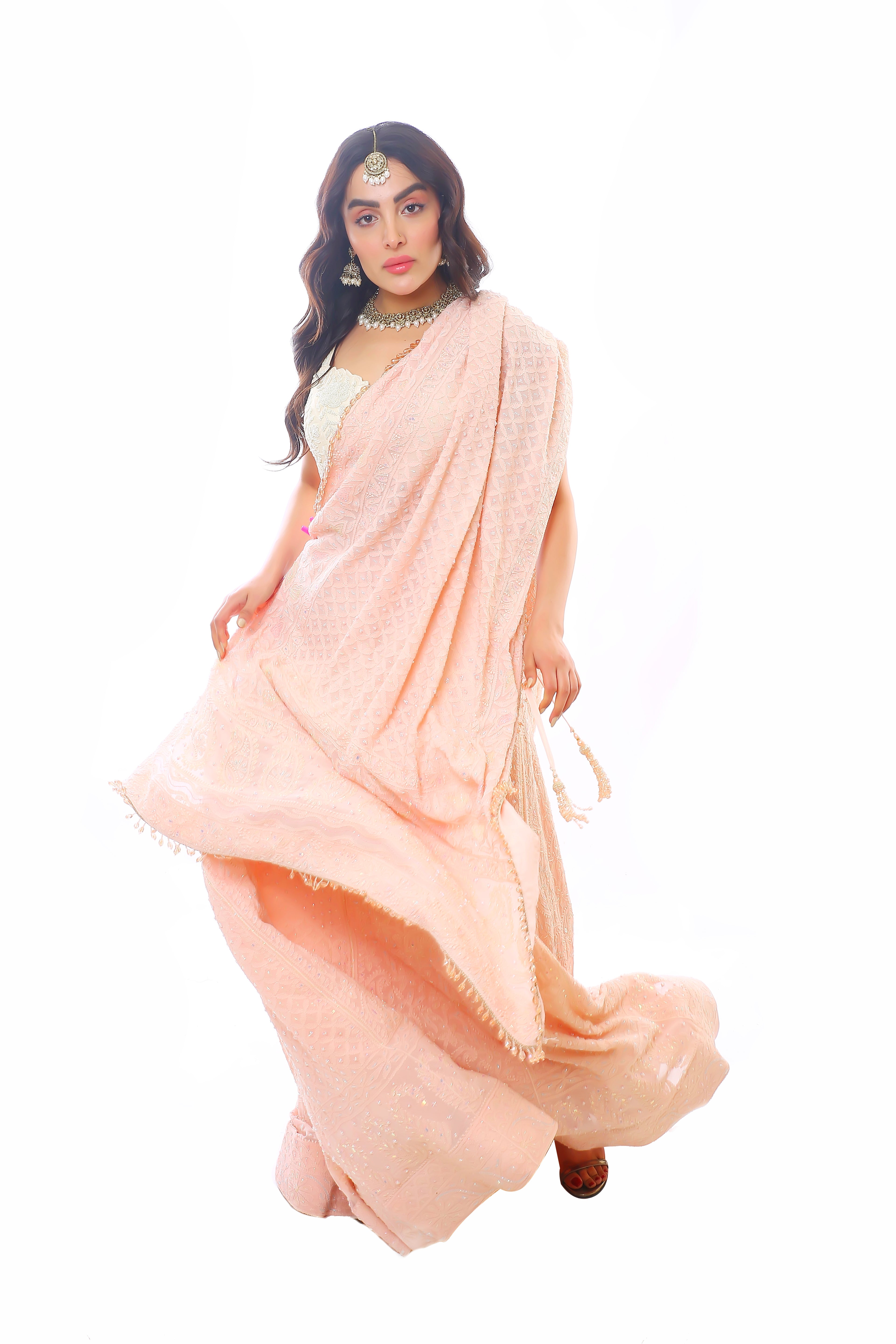 Pink Pure Georgette Chikankari Lehanga Blouse Dupatta Set with Moti Cutdana