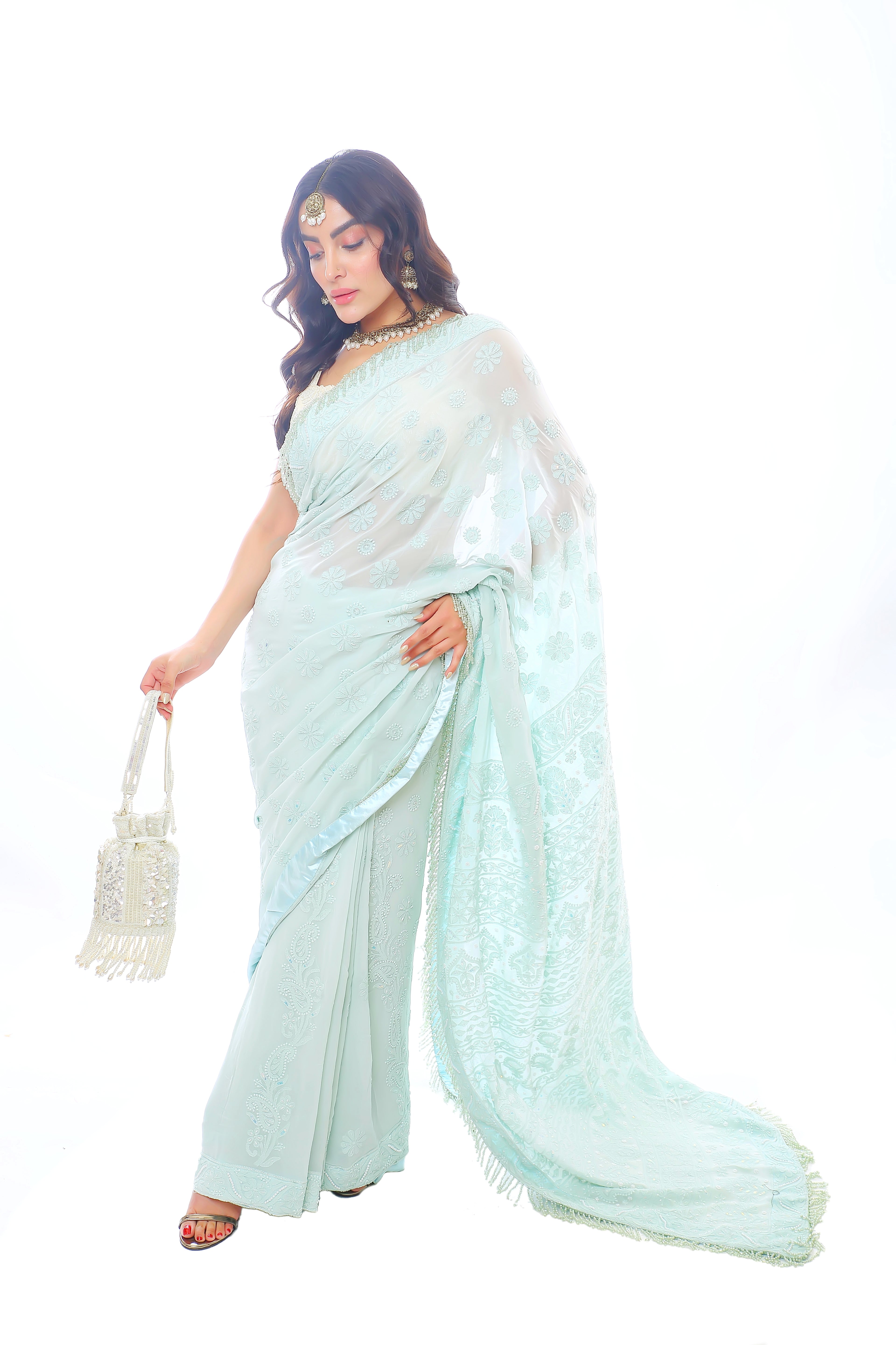 Pista Pure Georgette Chikankari Shabnam Saree with Moti Cutdana