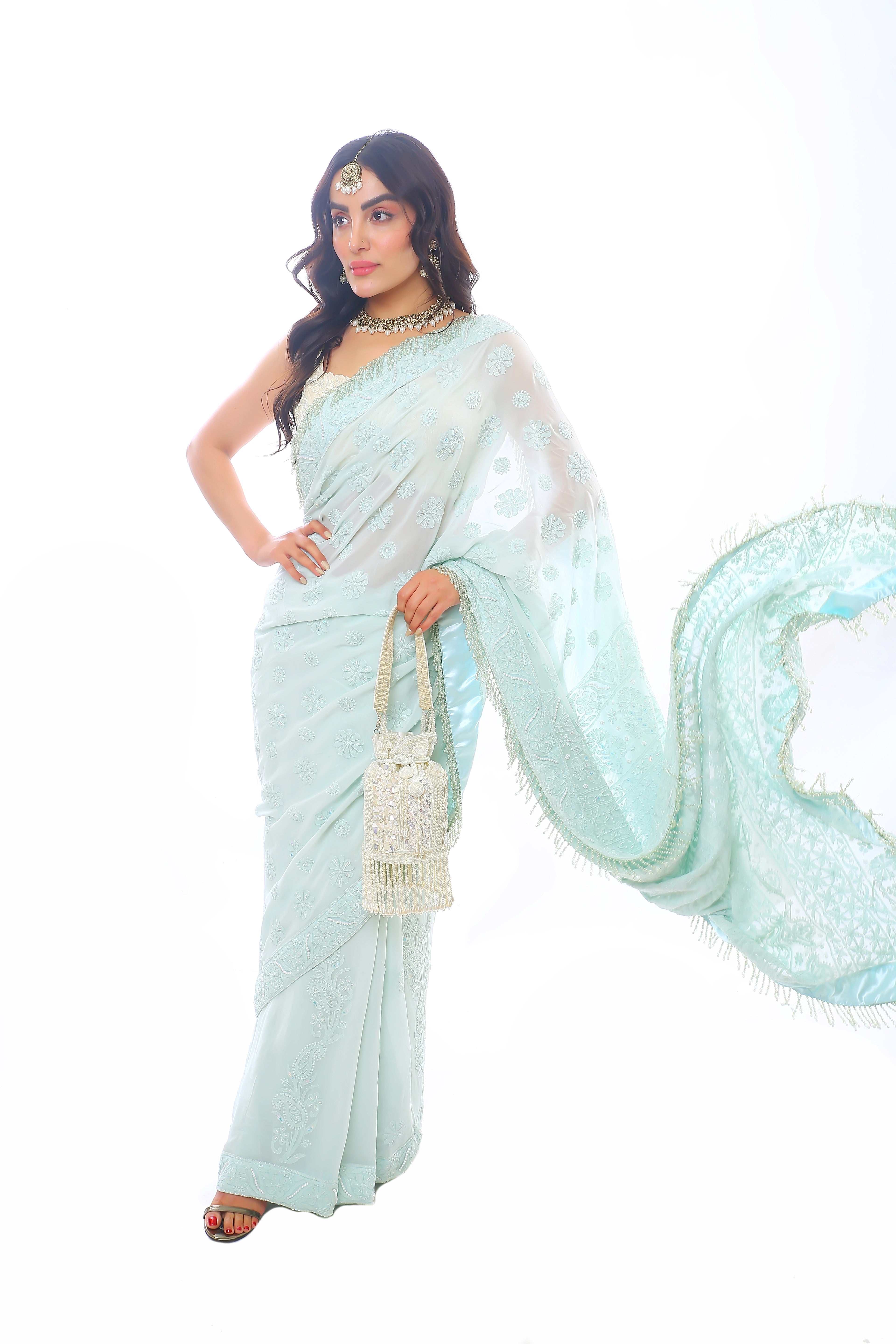 Pista Pure Georgette Chikankari Shabnam Saree with Moti Cutdana