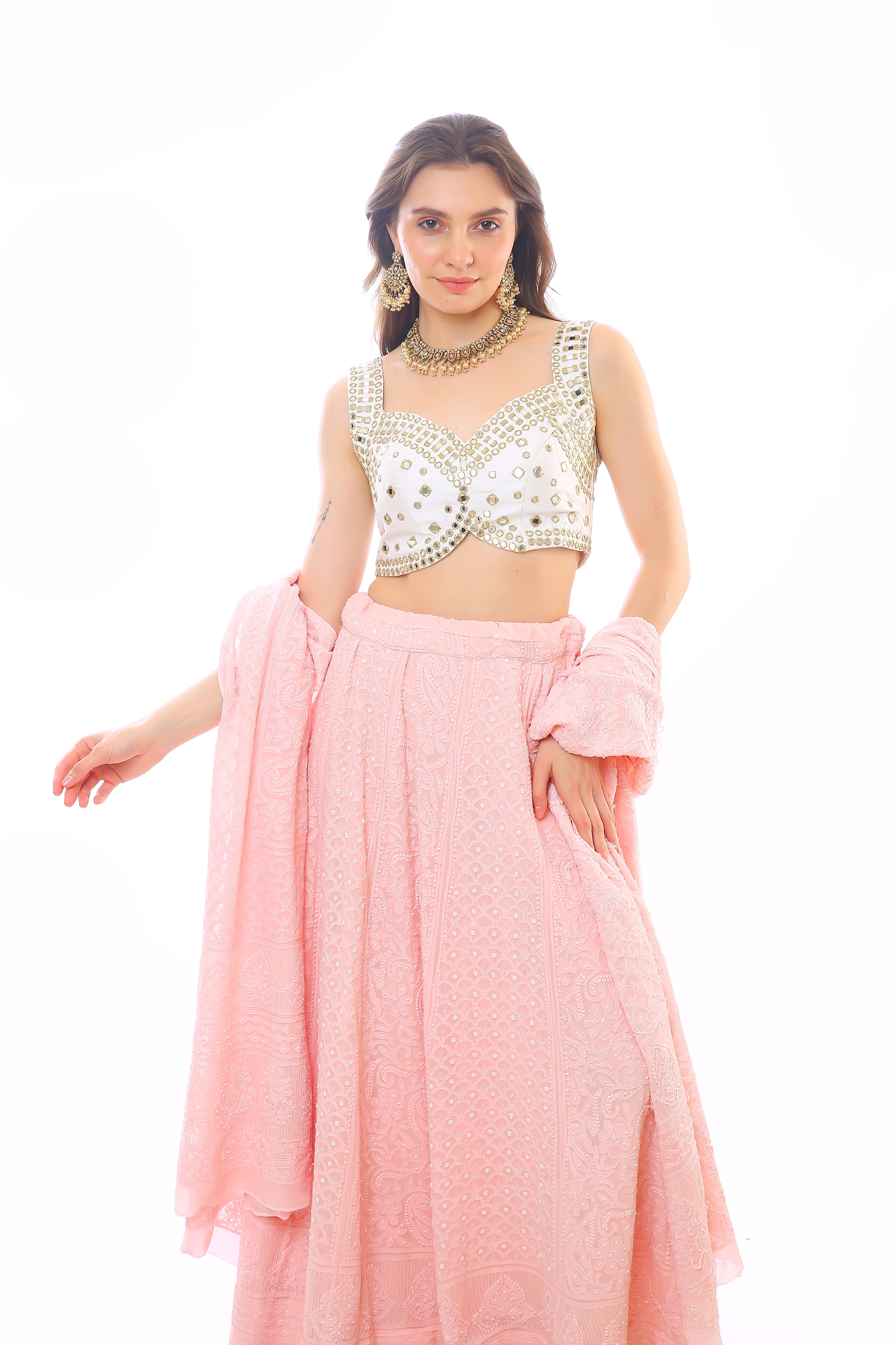 Pink Georgette Chikankari & Moti Cutdana Hoor Ghagra Dupatta & Blouse