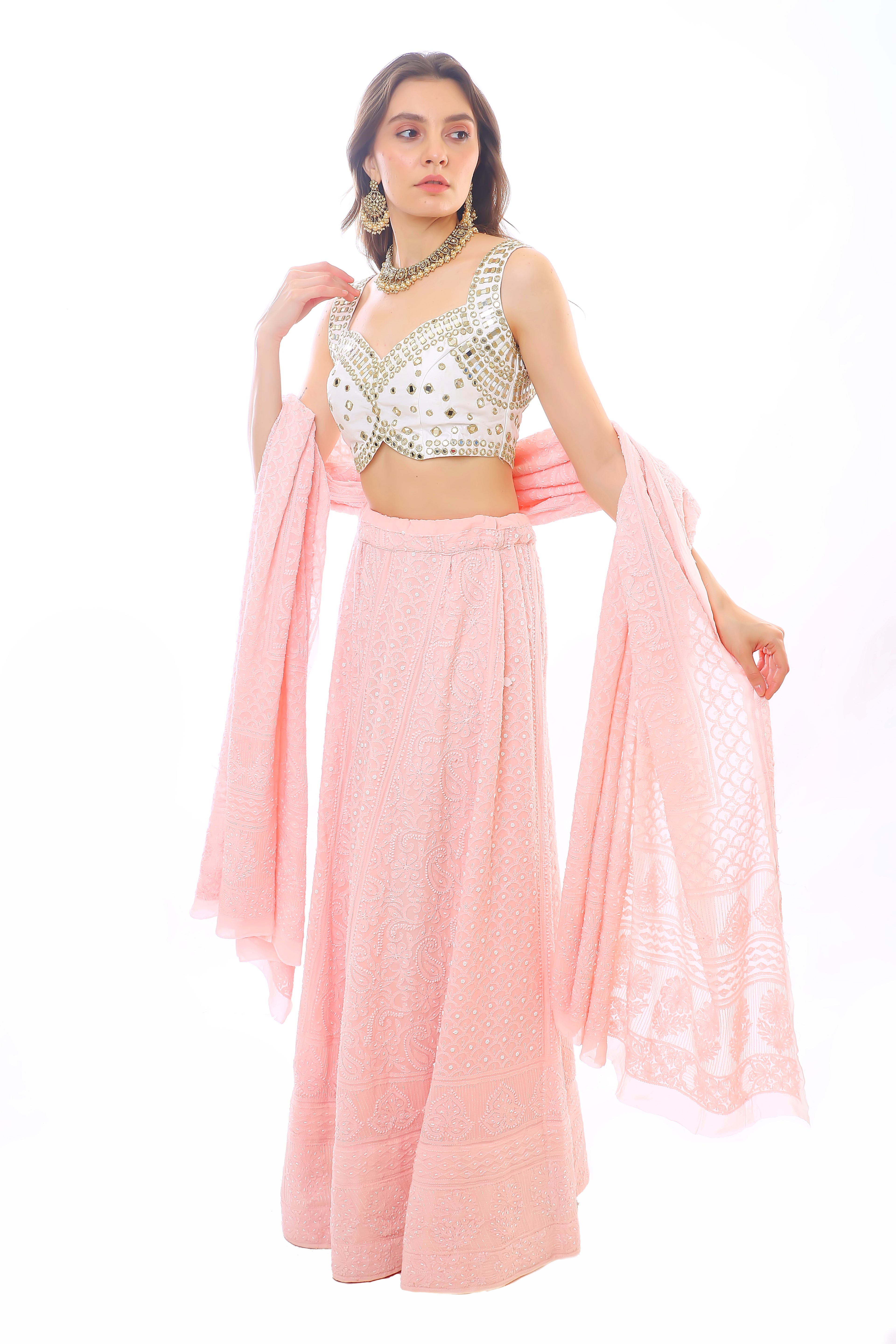 Pink Georgette Chikankari & Moti Cutdana Hoor Ghagra Dupatta & Blouse