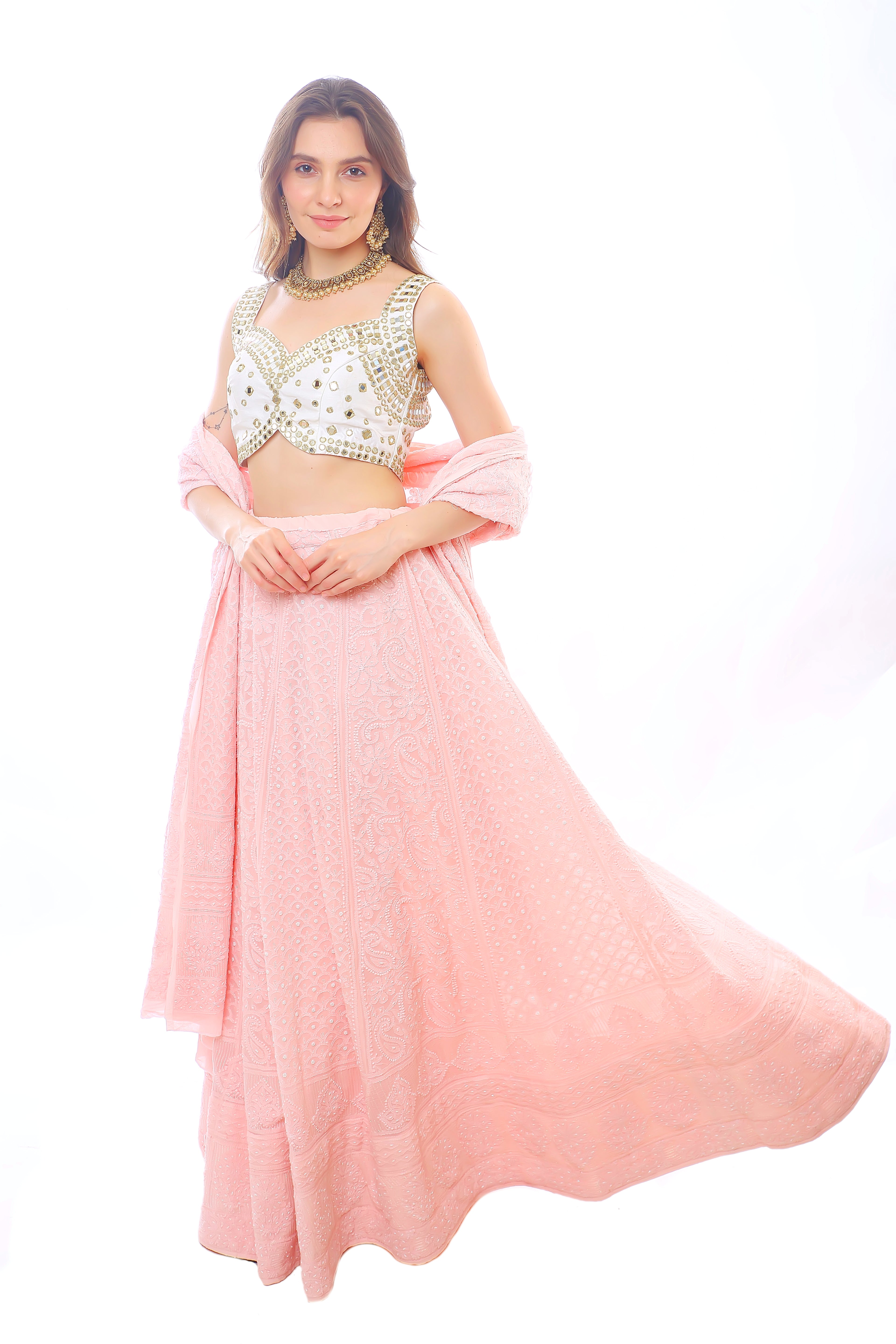 Pink Georgette Chikankari & Moti Cutdana Hoor Ghagra Dupatta & Blouse
