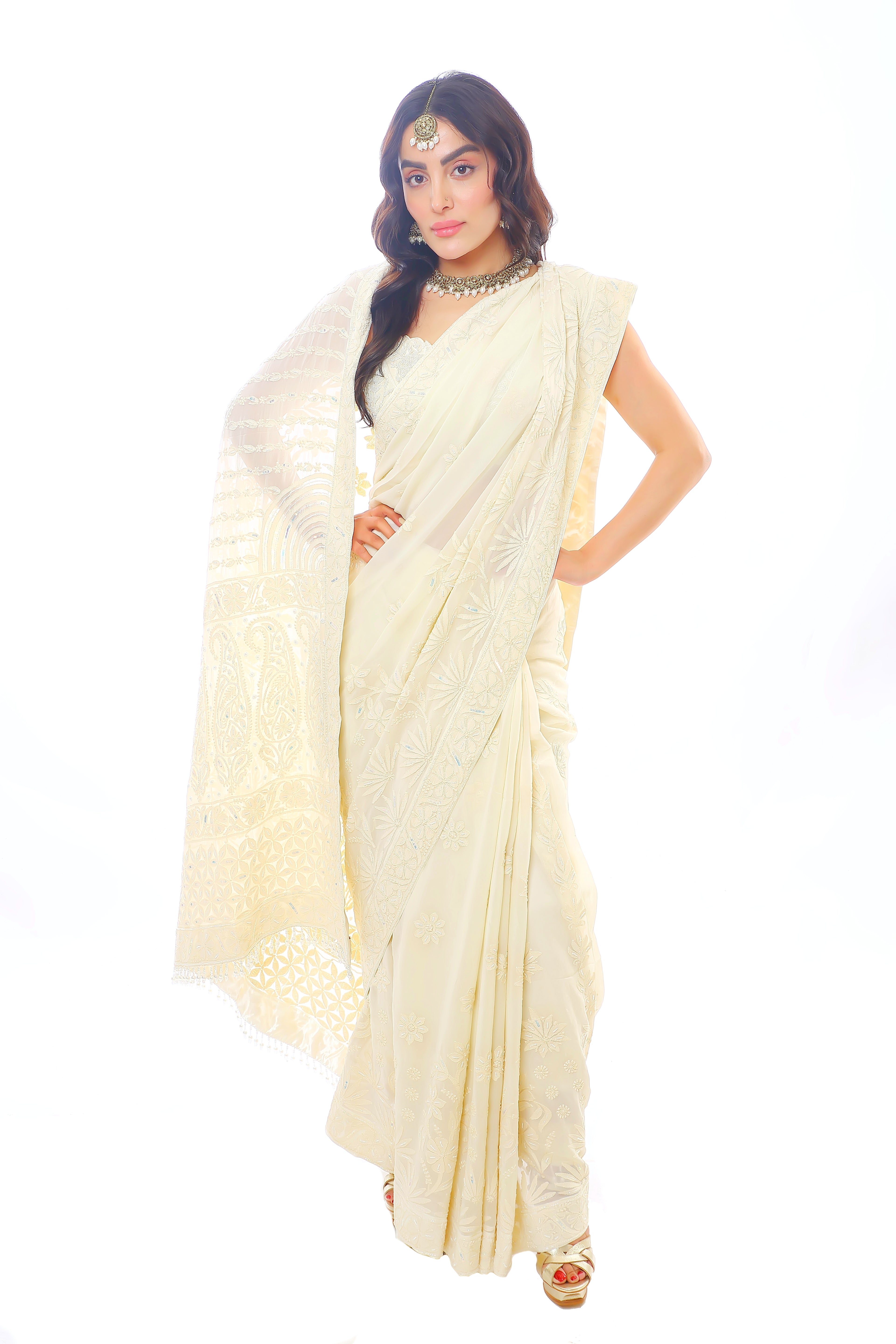 Ivory Pure Georgette Chikankari Shabnam Saree with Moti Cutdana