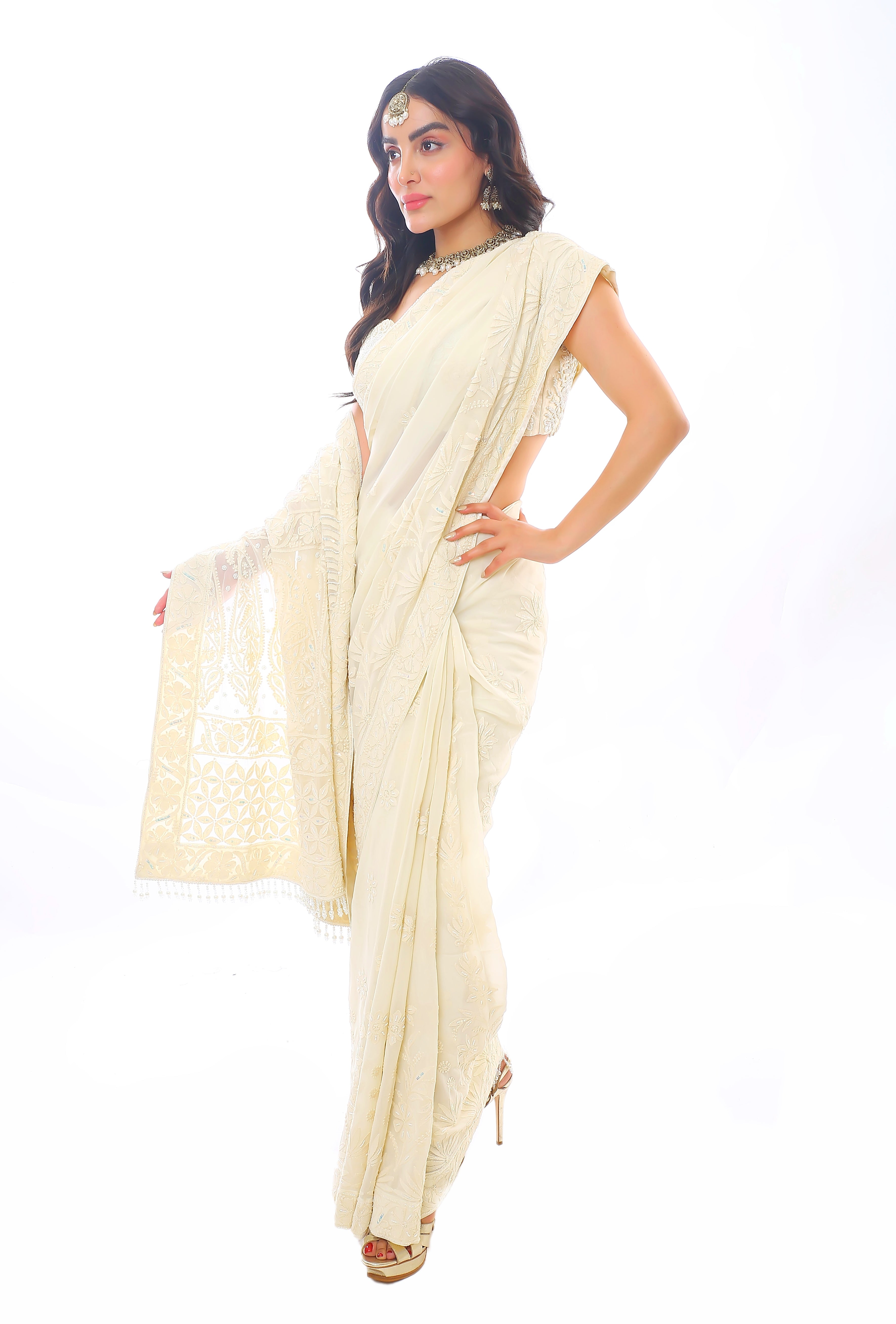 Ivory Pure Georgette Chikankari Shabnam Saree with Moti Cutdana