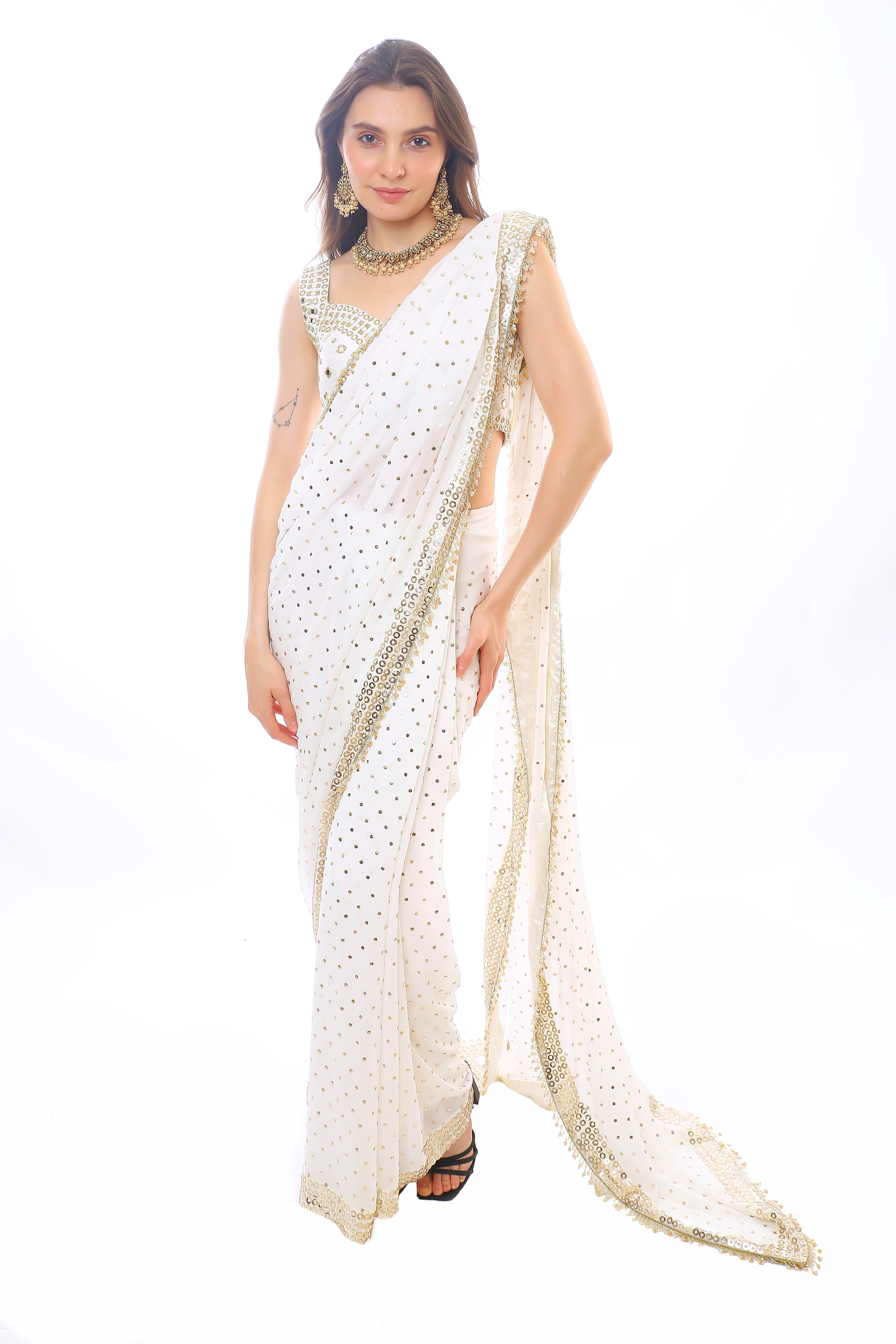 Ivory Pure Georgette Samaraa Saree with Heavy Badla and Golden Fringes
