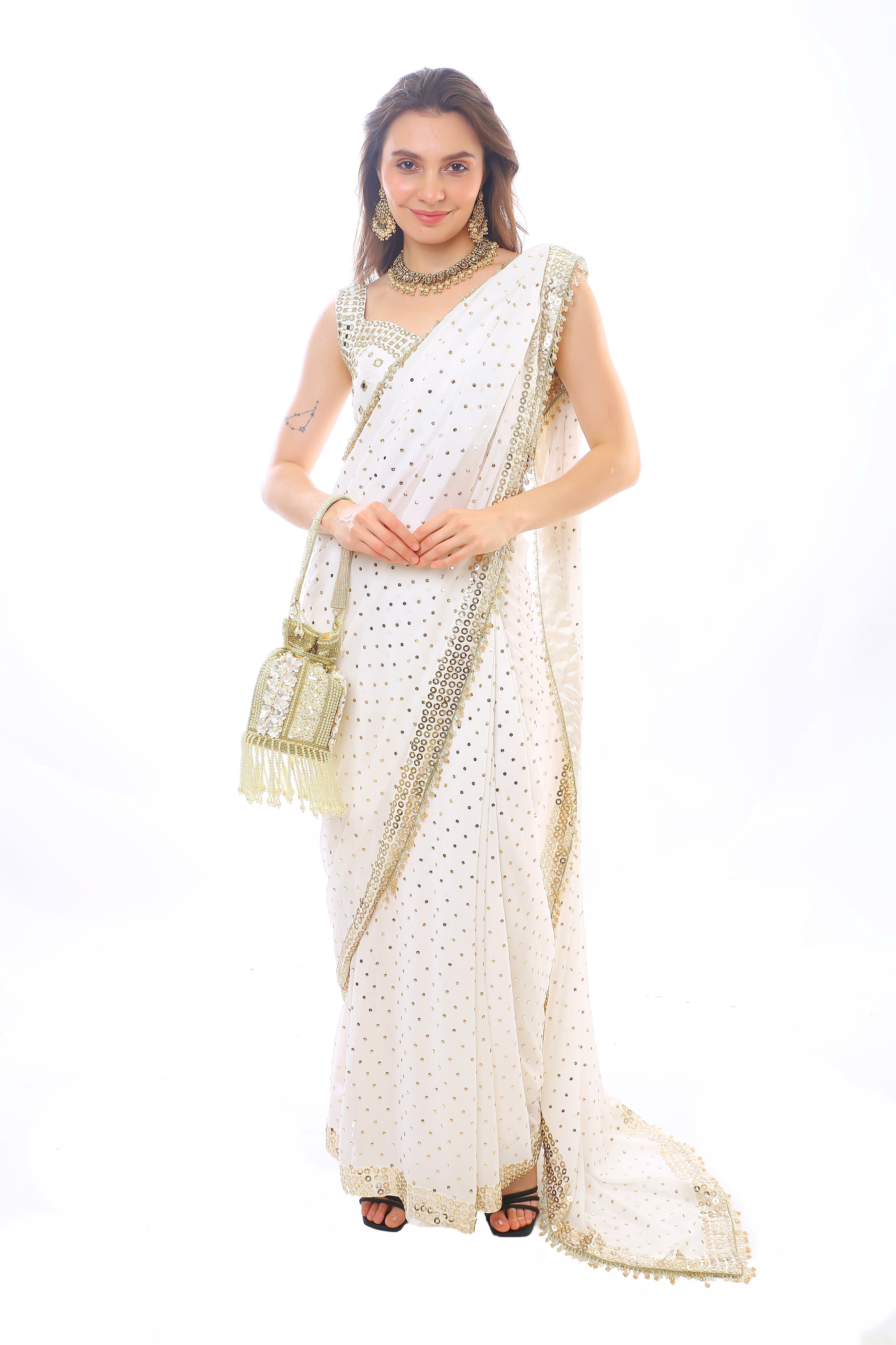 Ivory Pure Georgette Samaraa Saree with Heavy Badla and Golden Fringes