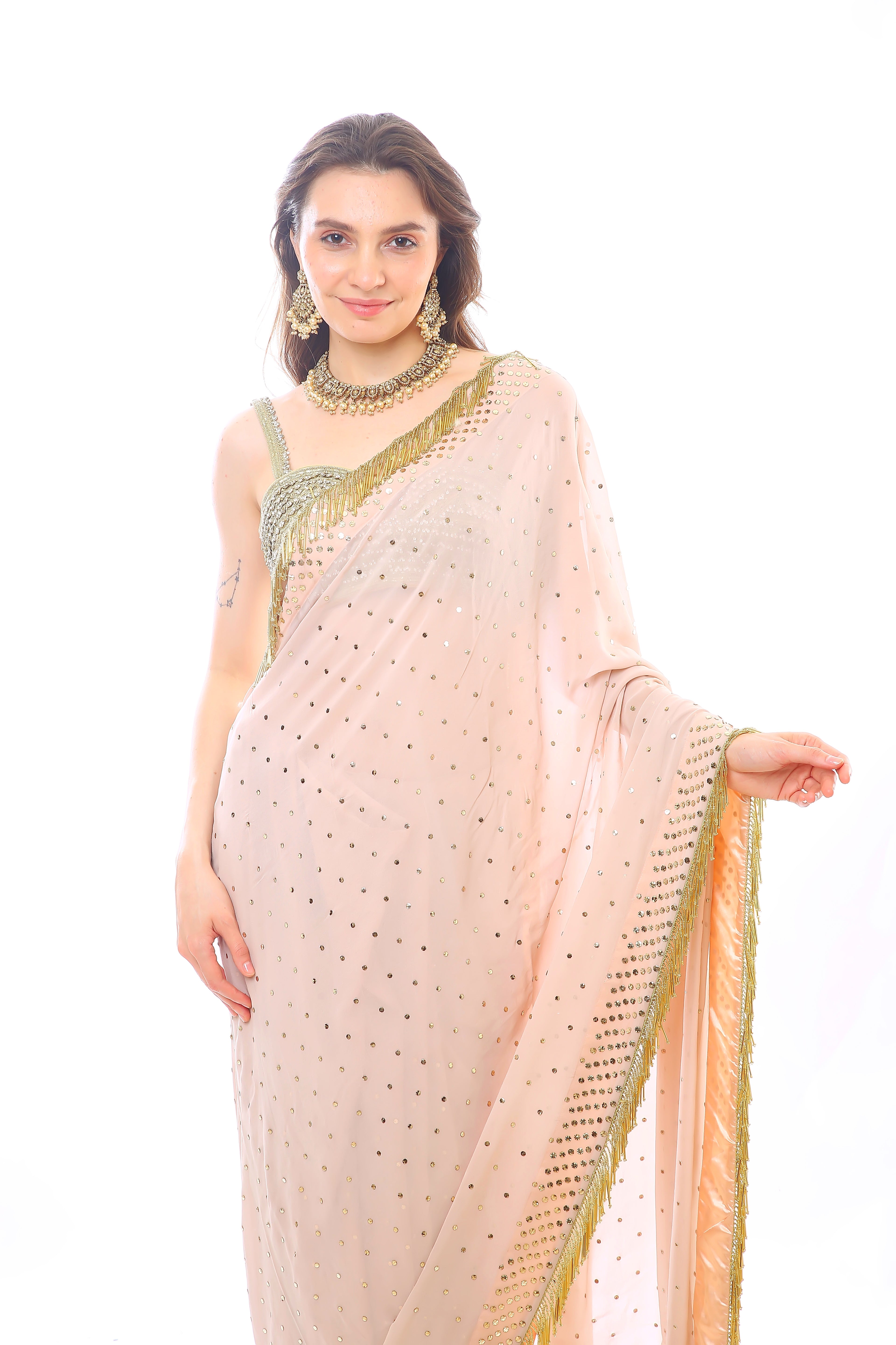 Old Rose Georgette Mauvish Saree with Heavy Golden Pitta