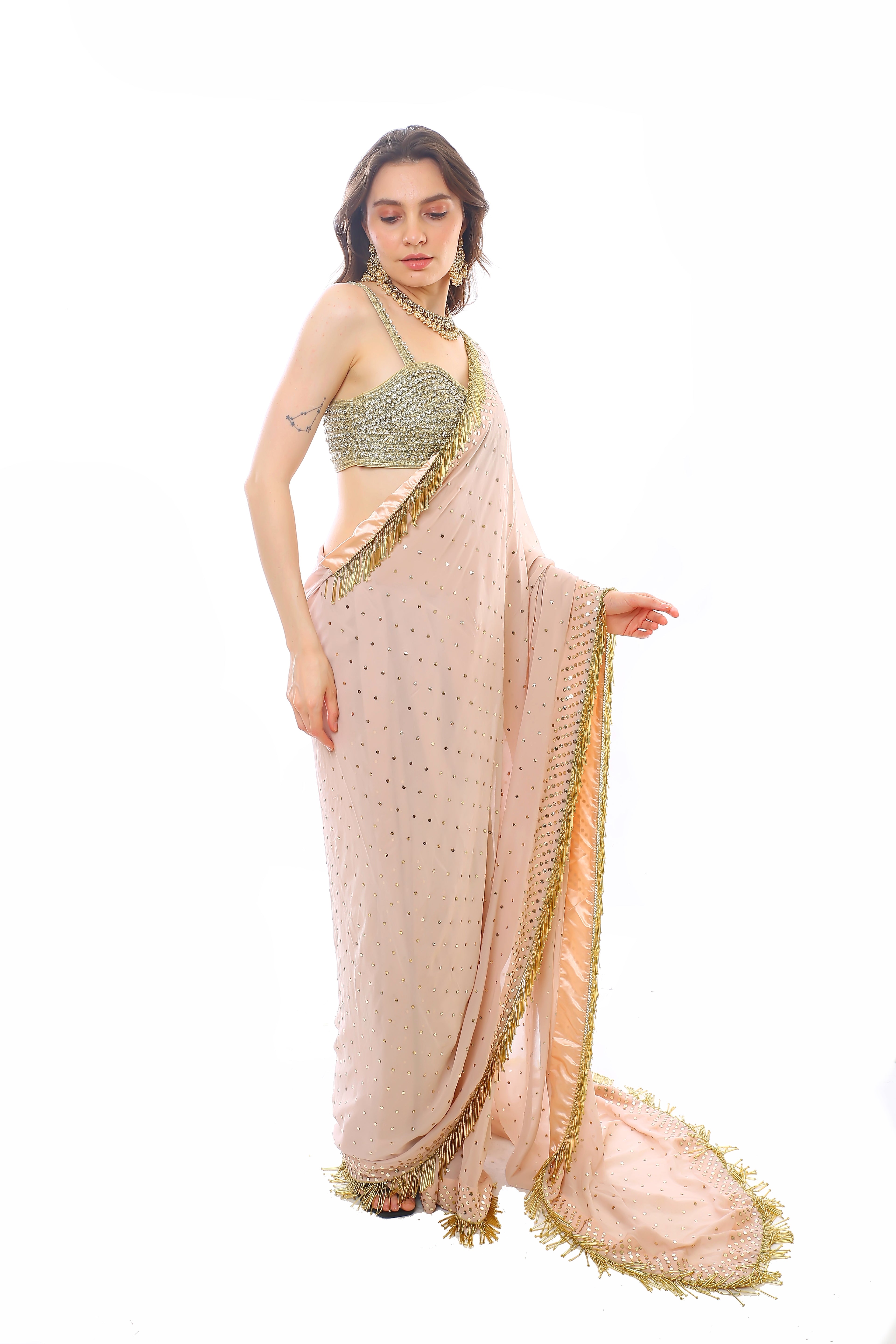 Old Rose Georgette Mauvish Saree with Heavy Golden Pitta