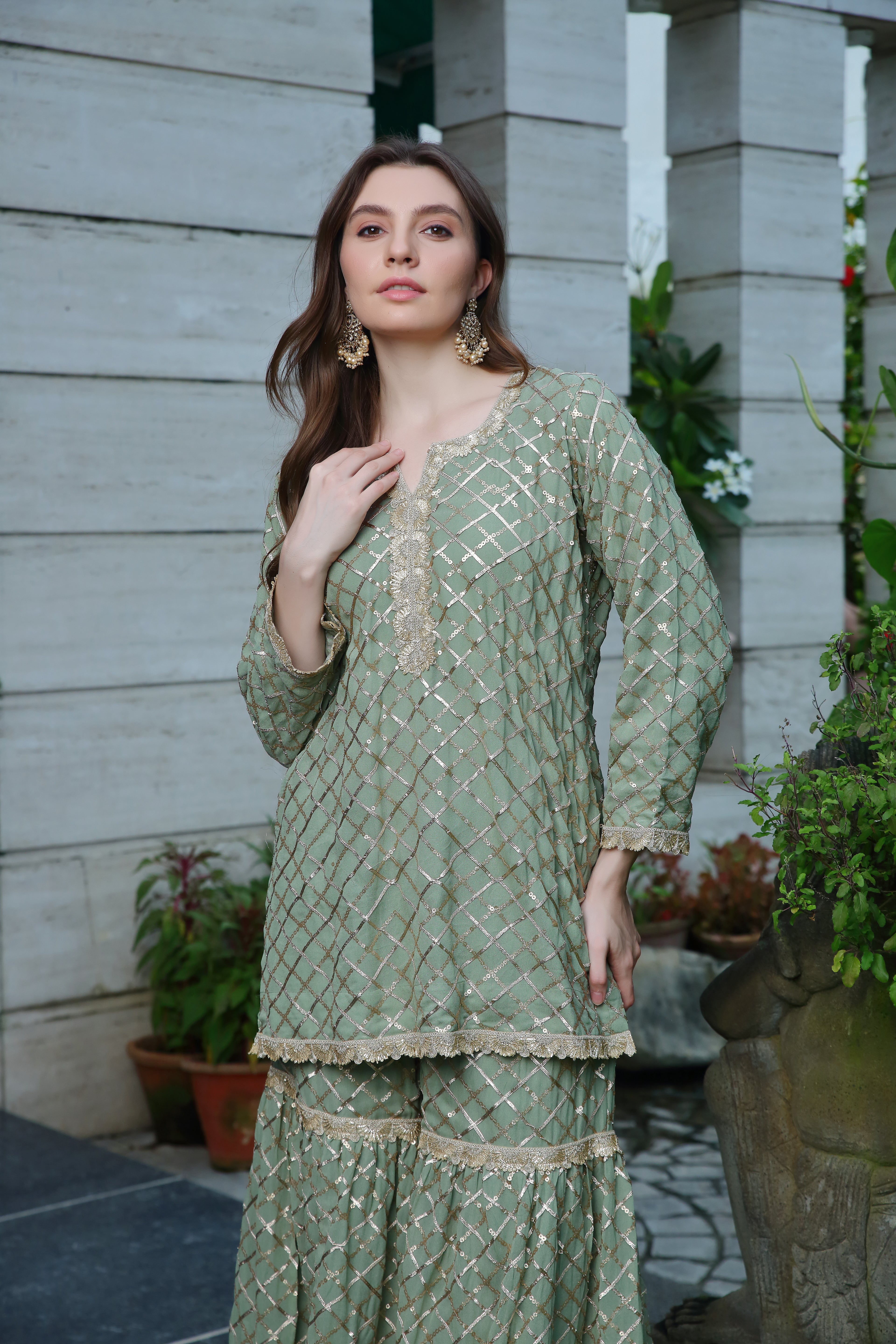 Meera Gharara- olive gold