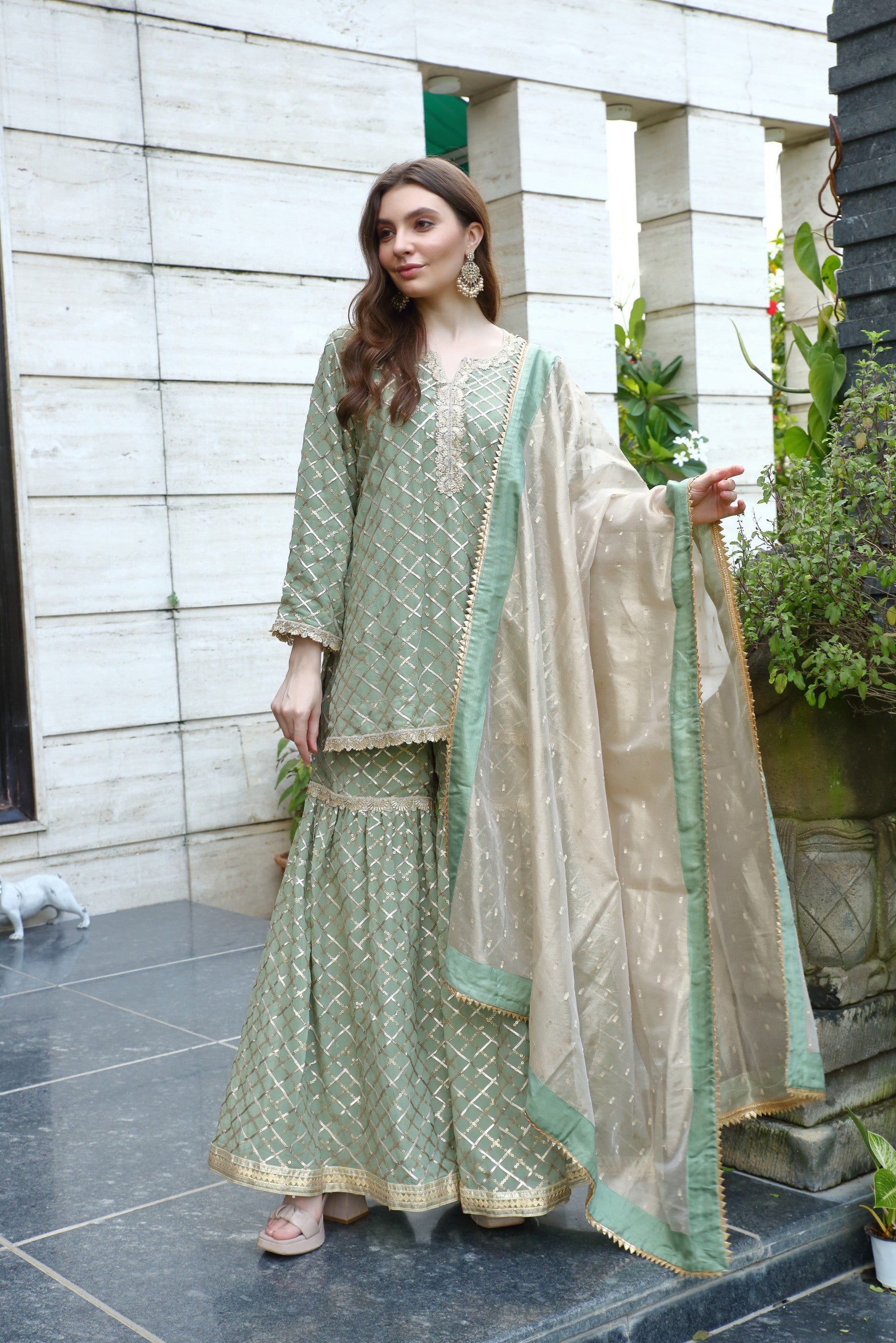 Meera Gharara- olive gold