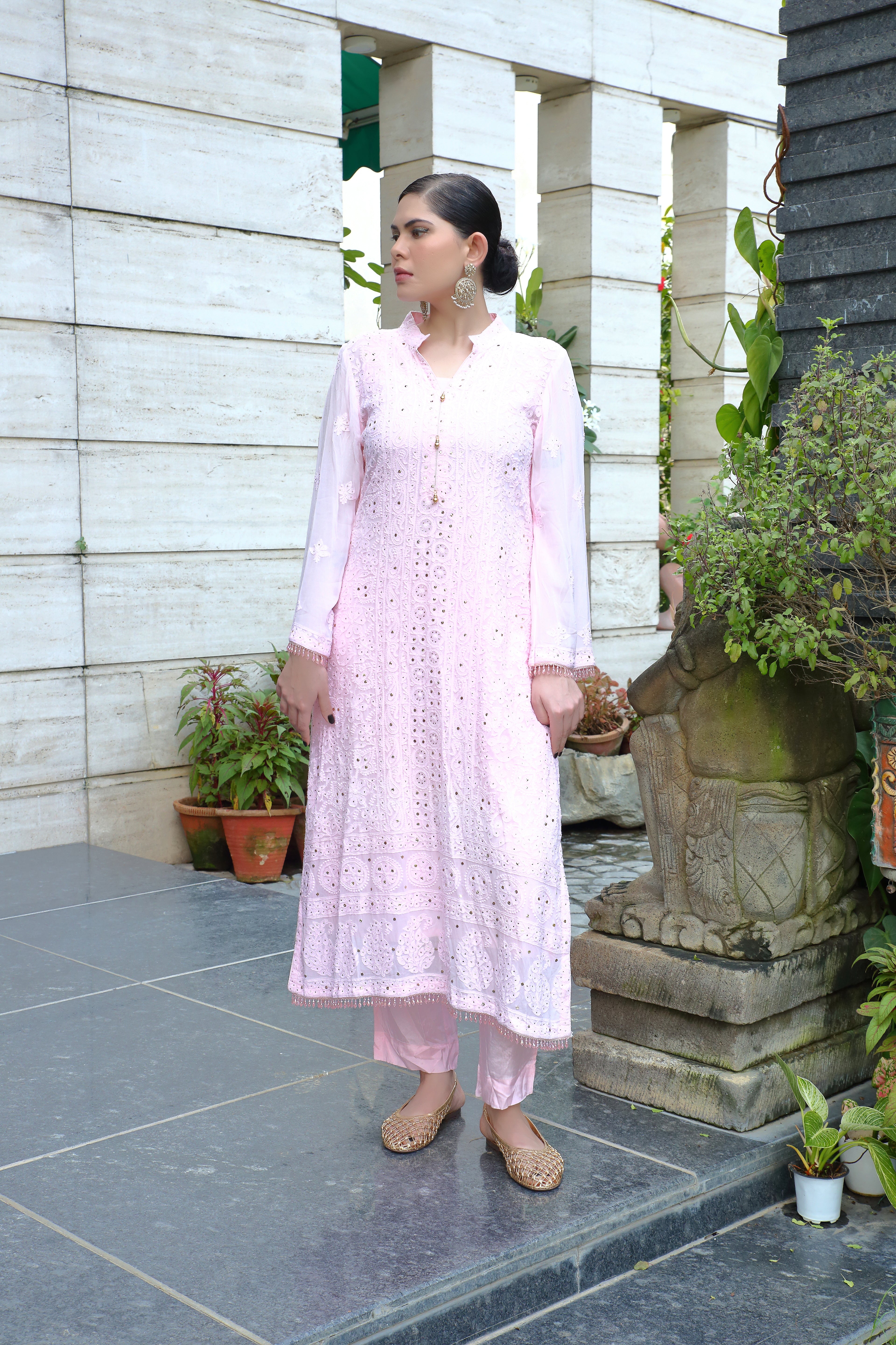Pink Georgette Ishara Kurta Pant Set with Mukaish