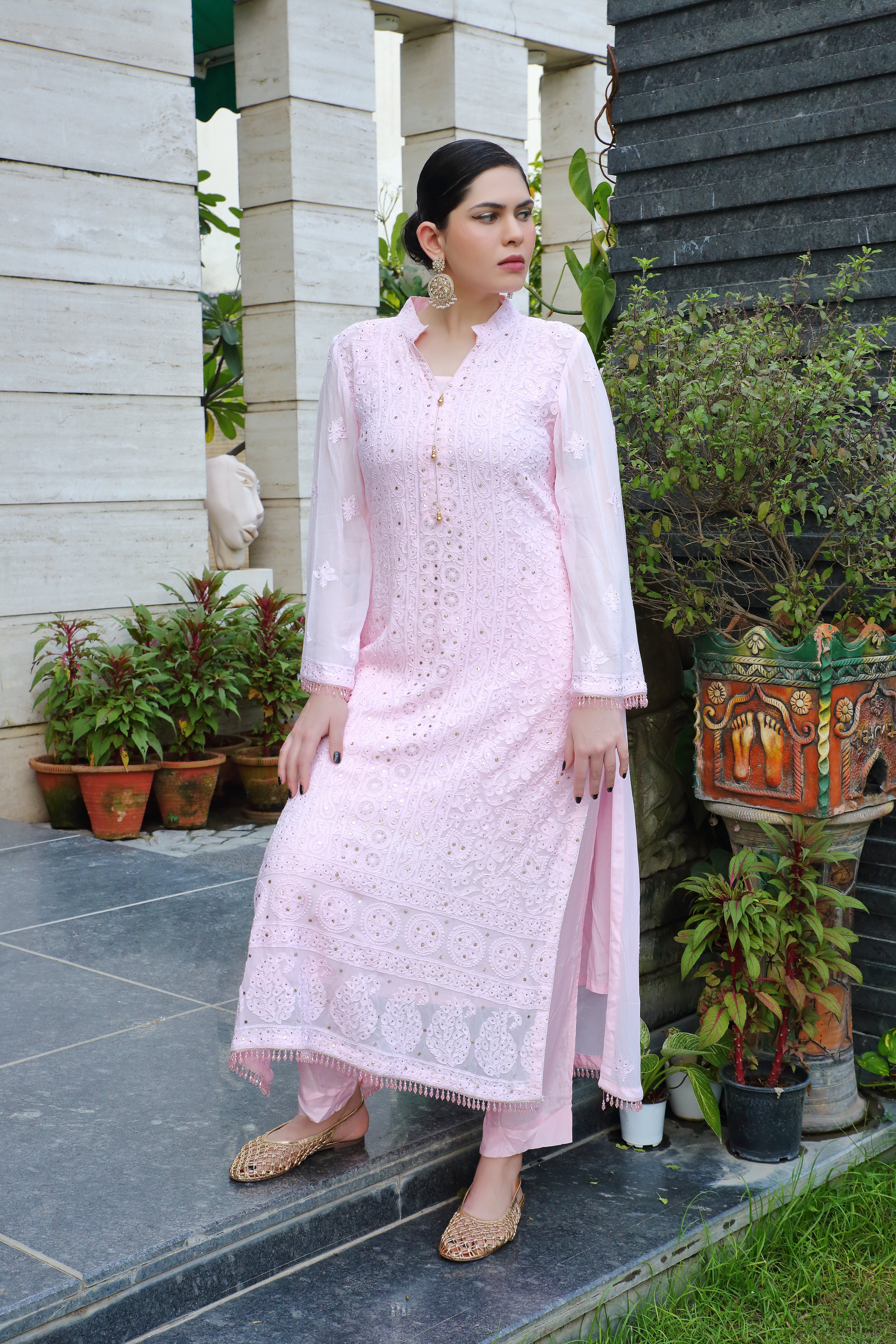 Pink Georgette Ishara Kurta Pant Set with Mukaish
