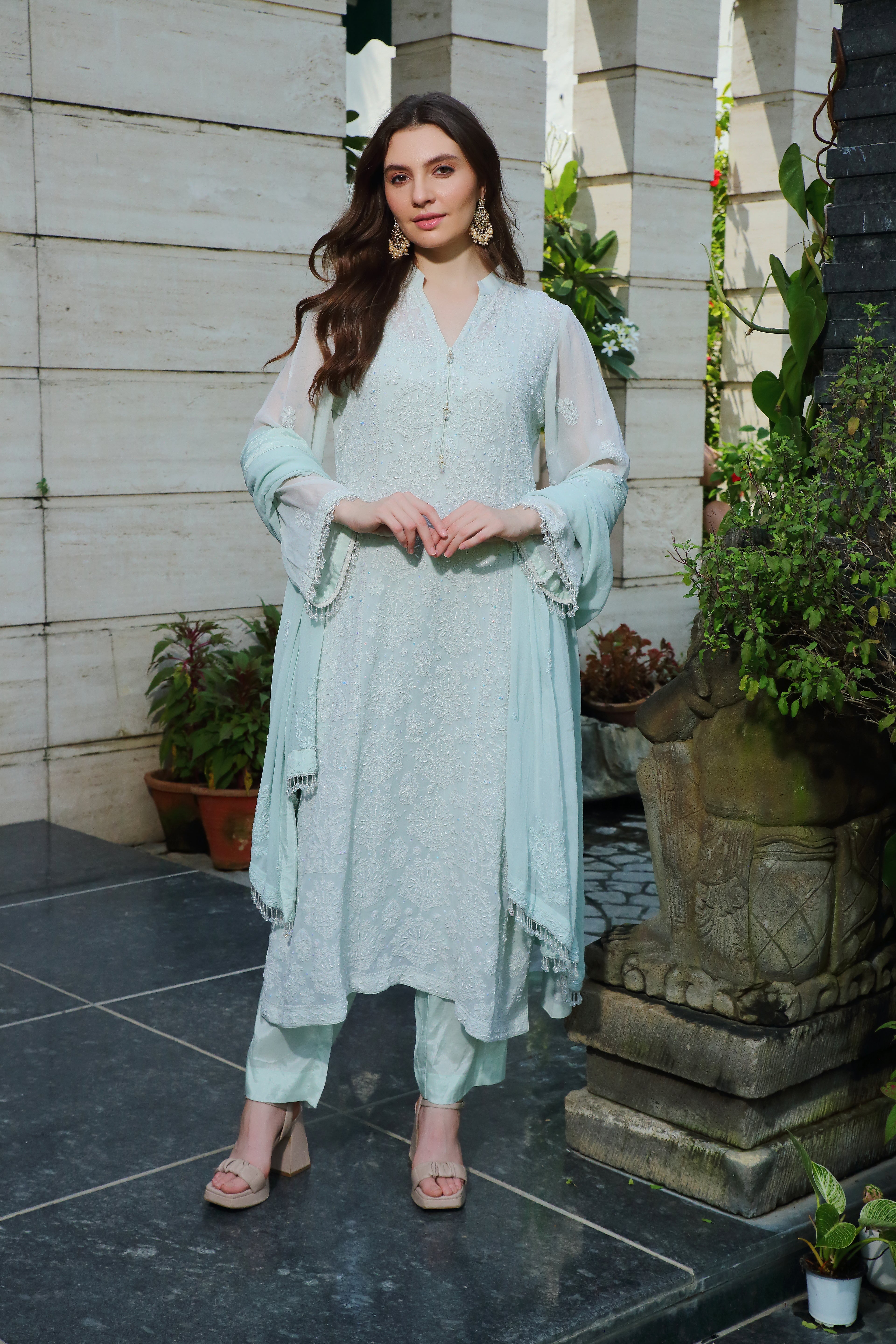Mint Georgette Nehal Chikankari Kurta Pant Dupatta with Moti Cutdana