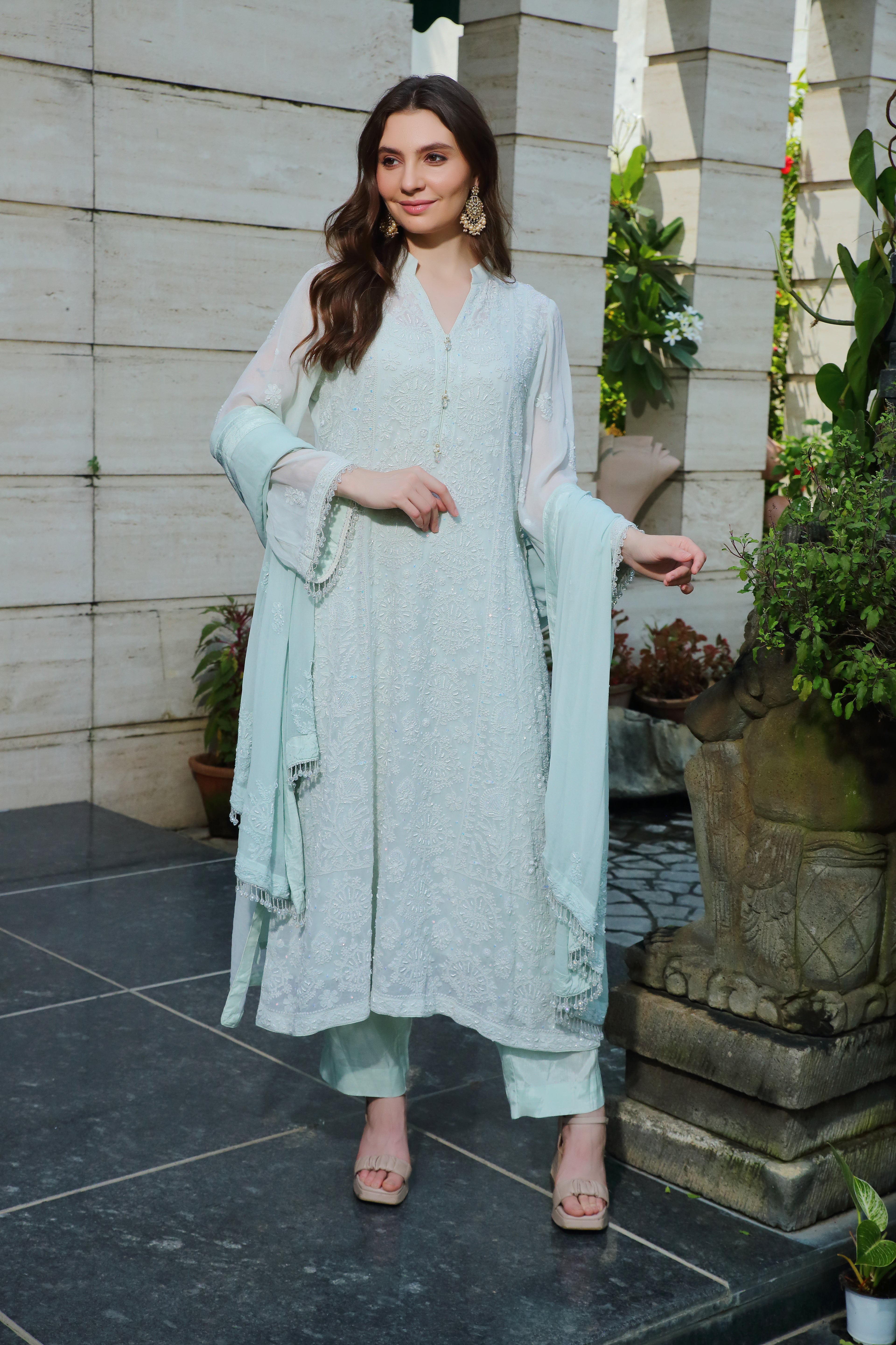 Mint Georgette Nehal Chikankari Kurta Pant Dupatta with Moti Cutdana