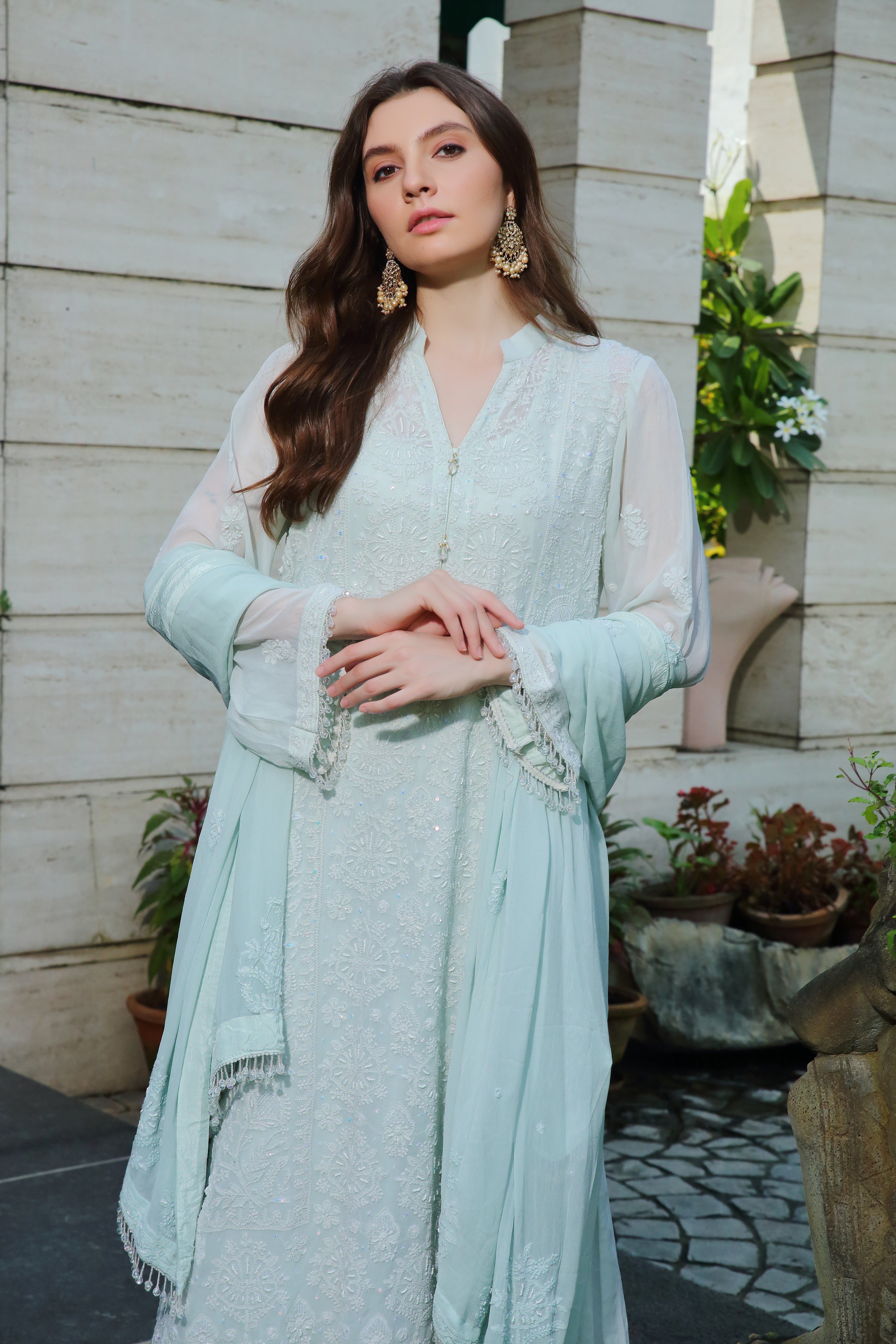Mint Georgette Nehal Chikankari Kurta Pant Dupatta with Moti Cutdana